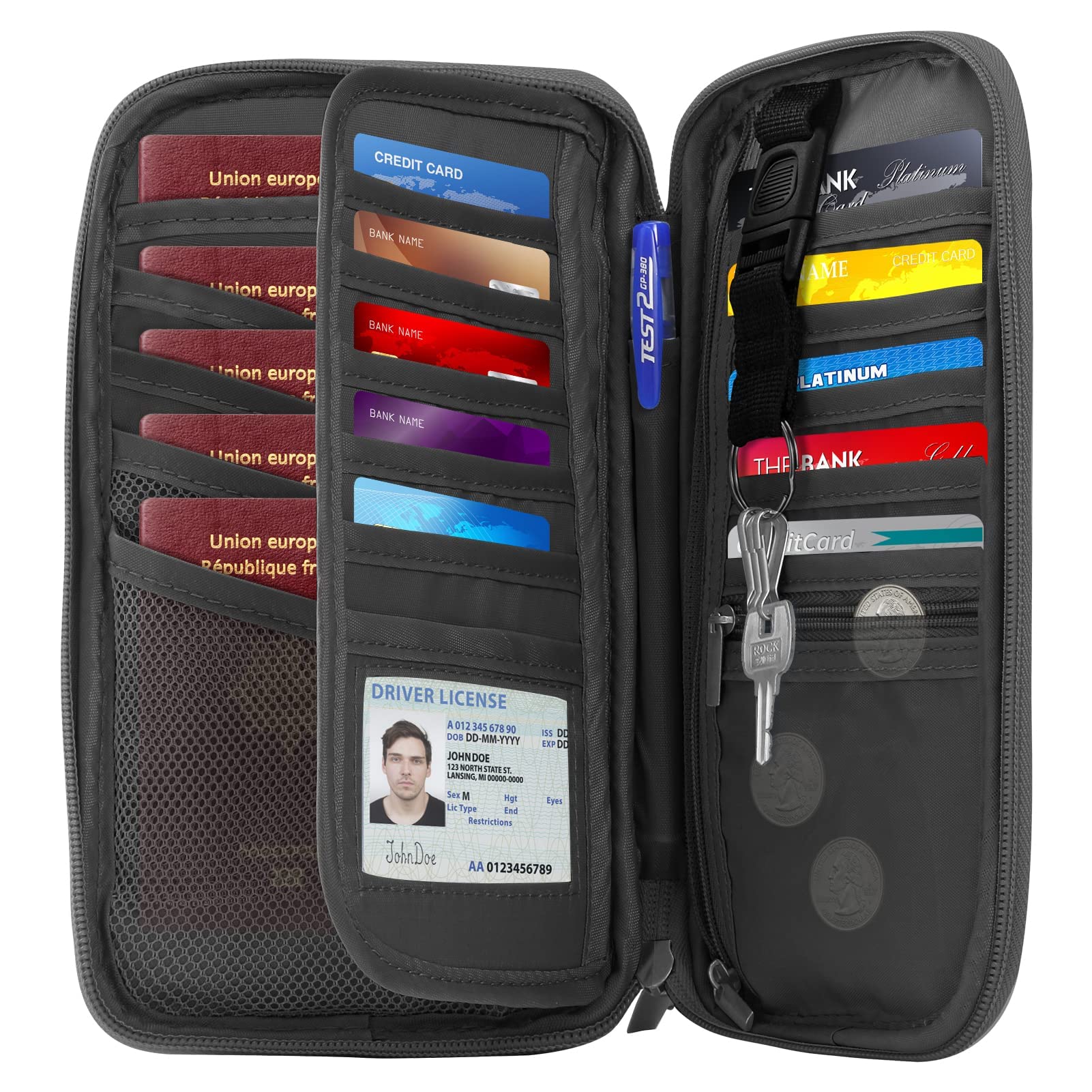 RFID Blocking Passport Holder for Family - Large Travel Wallet with Zipper Pocket | Lightweight Document Organizer | Passport Card Cover (Blue) | Perfect for International Travel & Airport Security