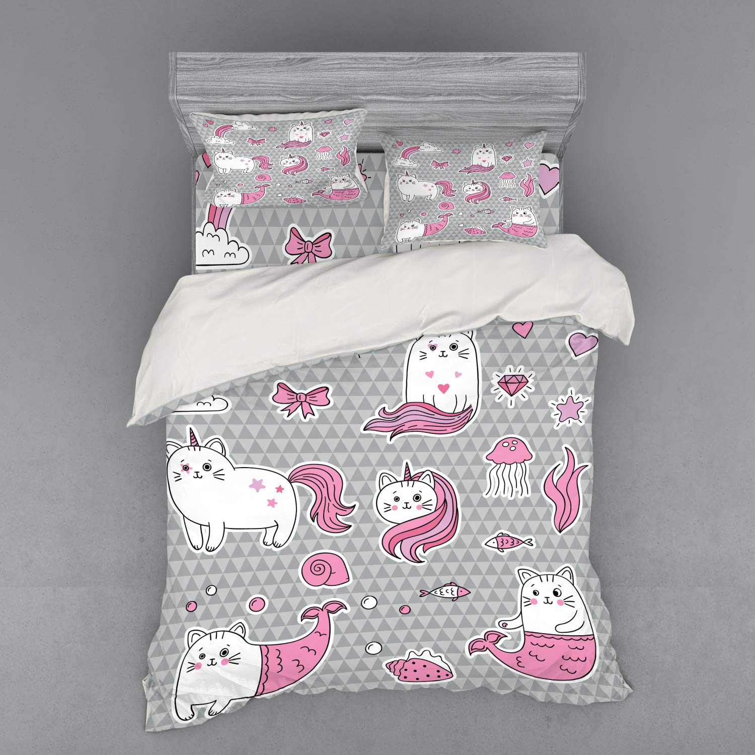 Ambesonne Unicorn Cat Duvet Cover Set - 4 Piece Queen Size Bedding with Shams & Fitted Sheet, Grey Pale Pink White Underwater Theme | Perfect for Kids' Bedrooms, Fantasy Themed Decor & Unique Gift Ideas