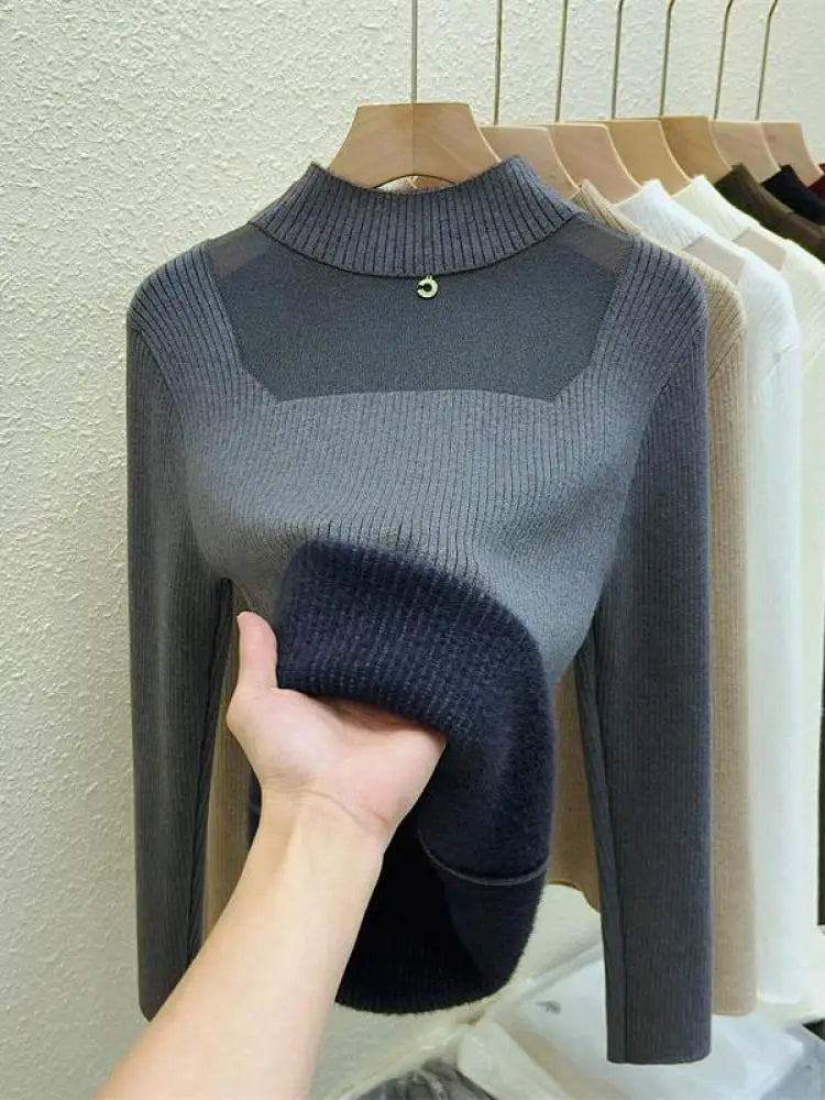 Women's Korean Fashion Velvet Sweater - Solid Color Warm Round Neck Long Sleeve Knit Pullover for Autumn Winter | Cozy Thick Knitwear for Office, Dating & Casual Outfits