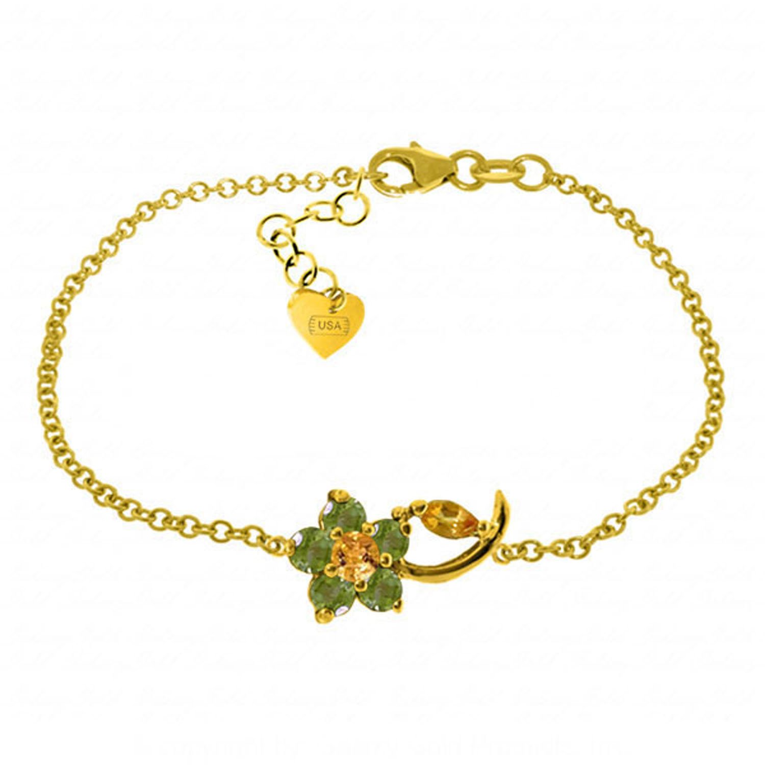 14K Solid Gold Flower Bracelet with 0.87 Carat Citrine & Peridot Gemstones - Elegant Galaxy Gold GG Jewelry for Women - Perfect for Weddings, Parties & Special Occasions