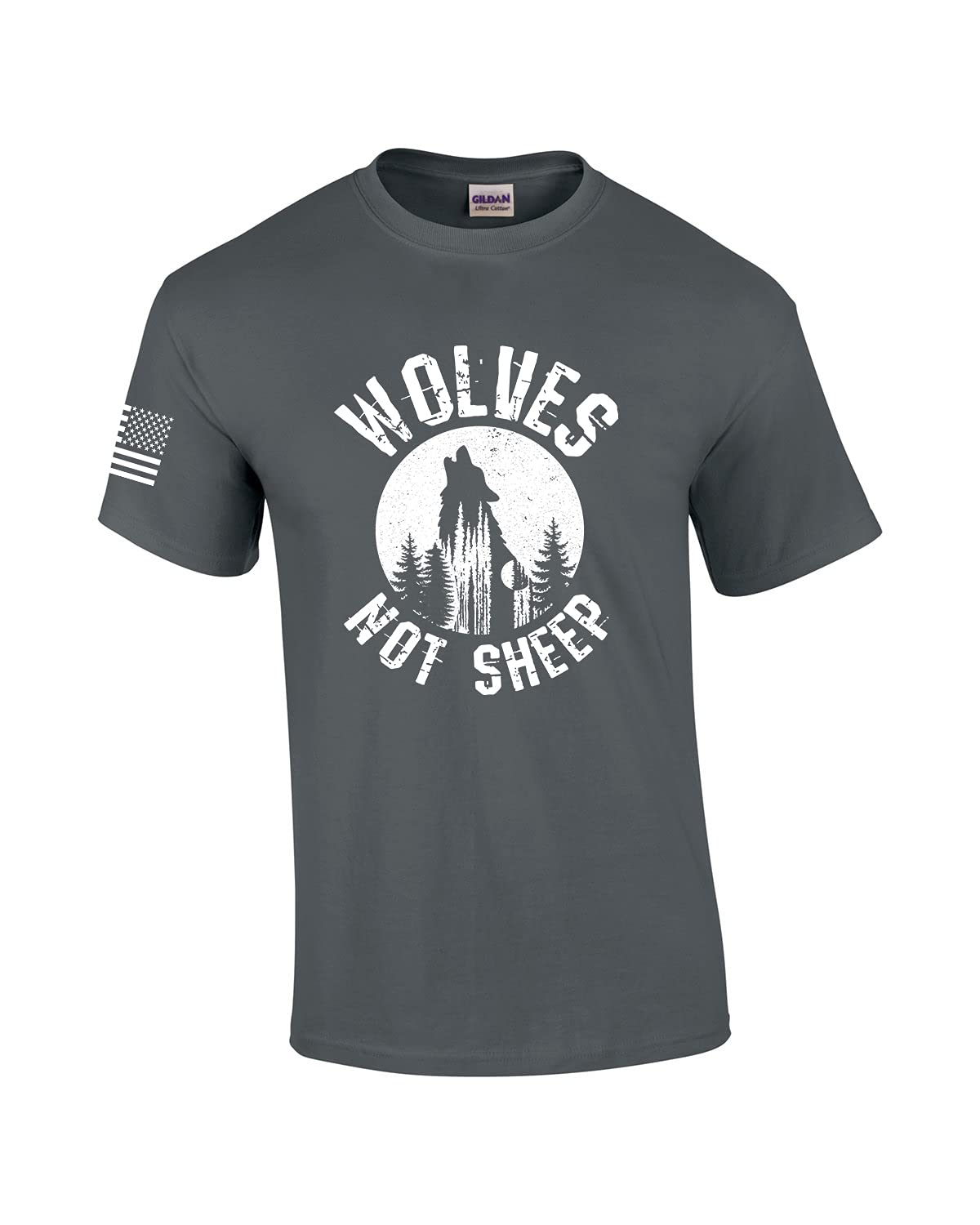 Men's Patriotic American Flag Wolf Howling at Moon T-Shirt - Wolves Not Sheep Graphic Tee for Casual Wear & Outdoor Adventures