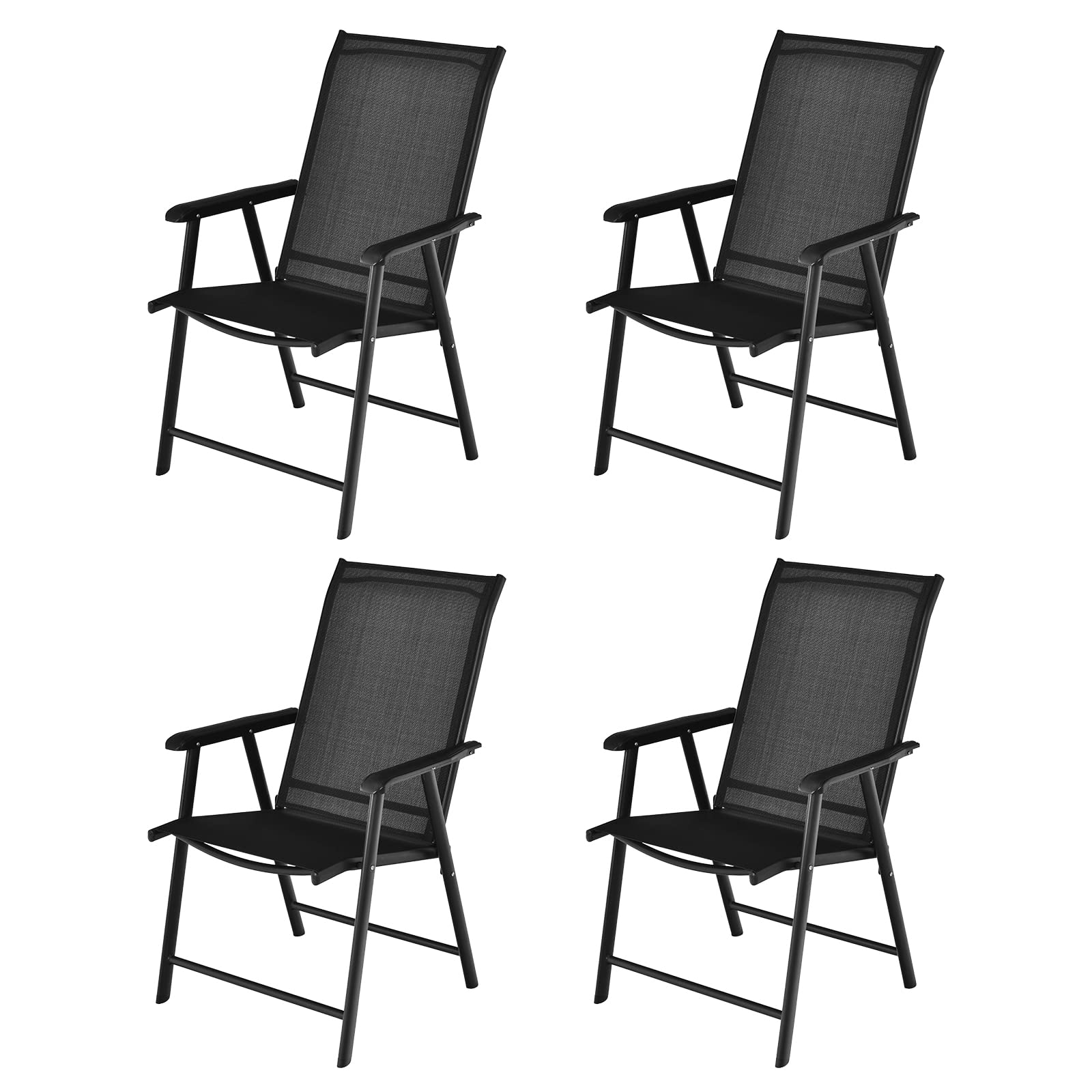 RELAX4LIFE 4-Piece Patio Folding Chairs Set - Portable Outdoor Dining Chairs with Armrests & High Back Support, Sturdy Metal Frame for Backyard, Porch, Garden, Poolside - Indoor/Outdoor Use, No Assembly Required (Black) - Perfect for BBQs, Camping, Beach Trips and Outdoor Relaxation