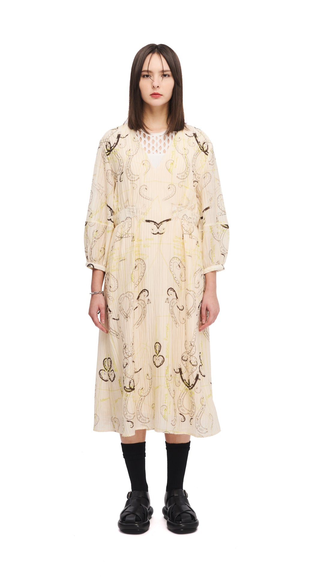 French Curve Ruler Print Puff Sleeves Dress - Elegant Floral Pattern Summer Dress for Women, Perfect for Casual Outings, Beach Vacations and Date Nights