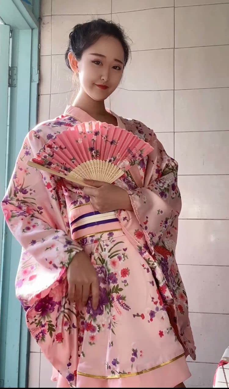 Japanese Anime Women's Dance Kimono Robe Costume Set with Silk Folding Fan, Tabi Socks & Hair Sticks - Traditional Cosplay Outfit for Halloween, Stage Performances & Themed Parties