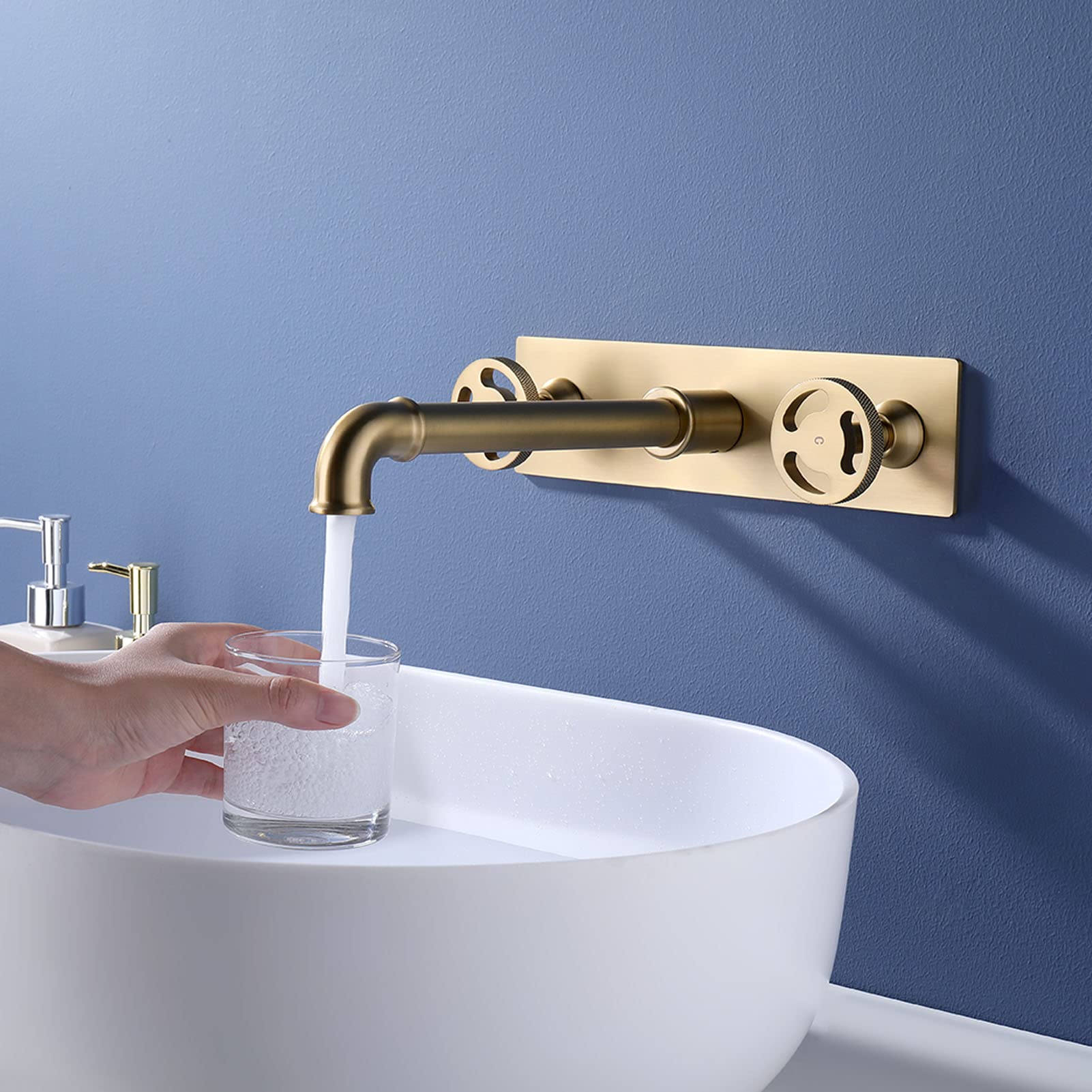 Premium Brushed Gold Wall Mounted Brass Bathroom Faucet - Double Handle Mixer Tap for Sink, Basin & Bathtub | Durable Industrial Design for Modern Homes & Commercial Spaces