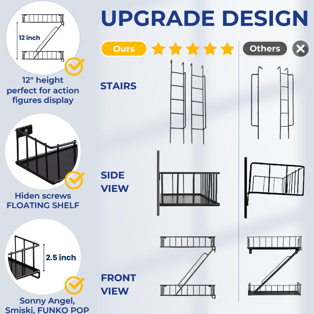3 Tier Fire Escape Wall Shelf with Screwdriver & Screws - Metal Decorative Shelf for Action Figures, Home Décor | Rustic Industrial Wall Shelves for Bedroom, Living Room, Office Display (Midnight Steel) - Perfect for Collectibles, Books & Plant Decor