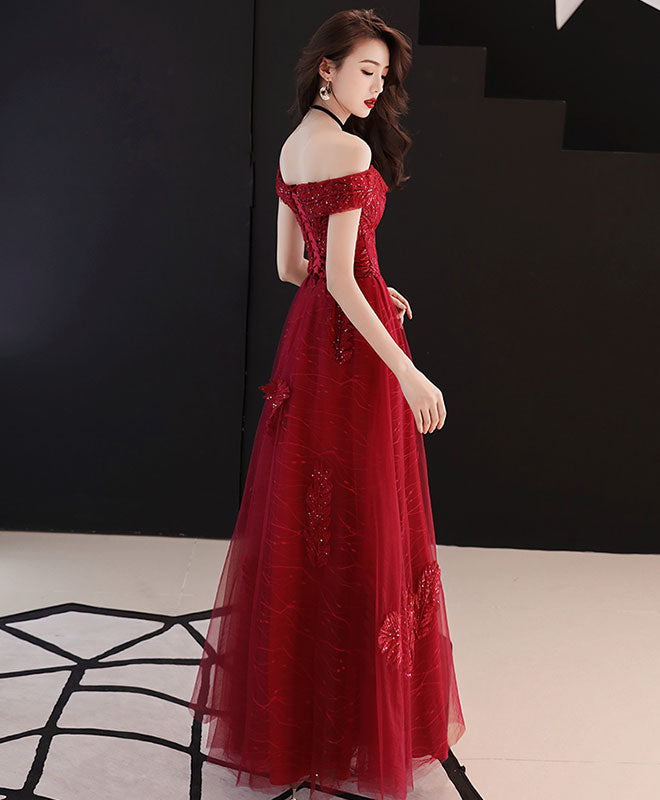 Elegant Burgundy Tulle Lace Off-Shoulder Prom Dress for Women - Formal Evening Gown for Homecoming, Wedding, and Special Occasions