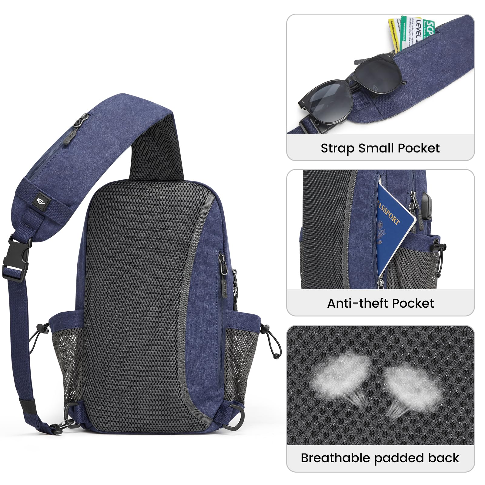 G4Free Anti-Theft Canvas Sling Bag with USB Charging Port - Crossbody Backpack Shoulder Bag for Men & Women - Perfect for Travel, Hiking, Commuting and Daily Use