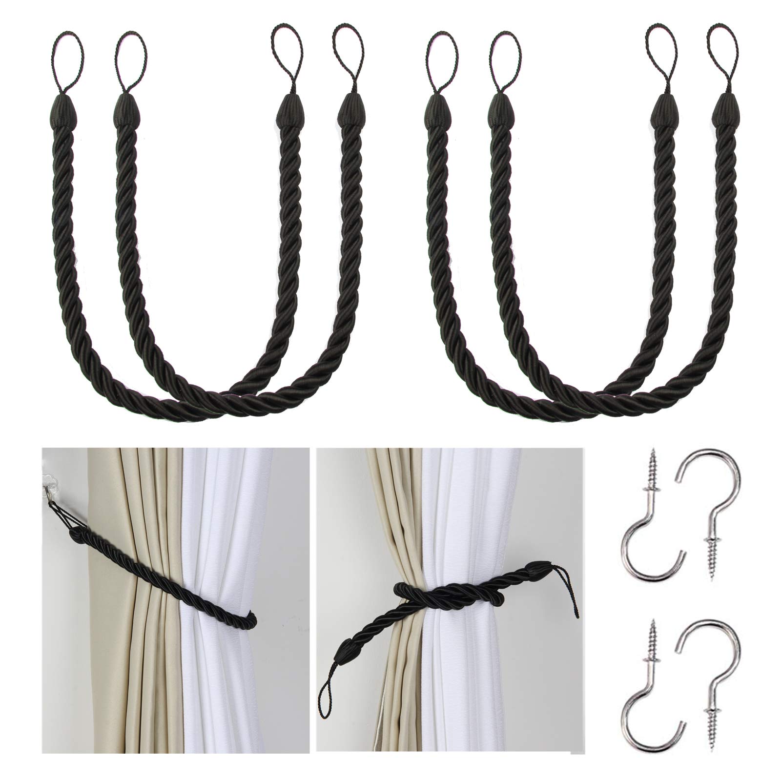 BEL AVENIR Handmade Curtain Tiebacks Ropes - 4 Pack Black Curtain Holdbacks for Living Room, Bedroom & Window Decor