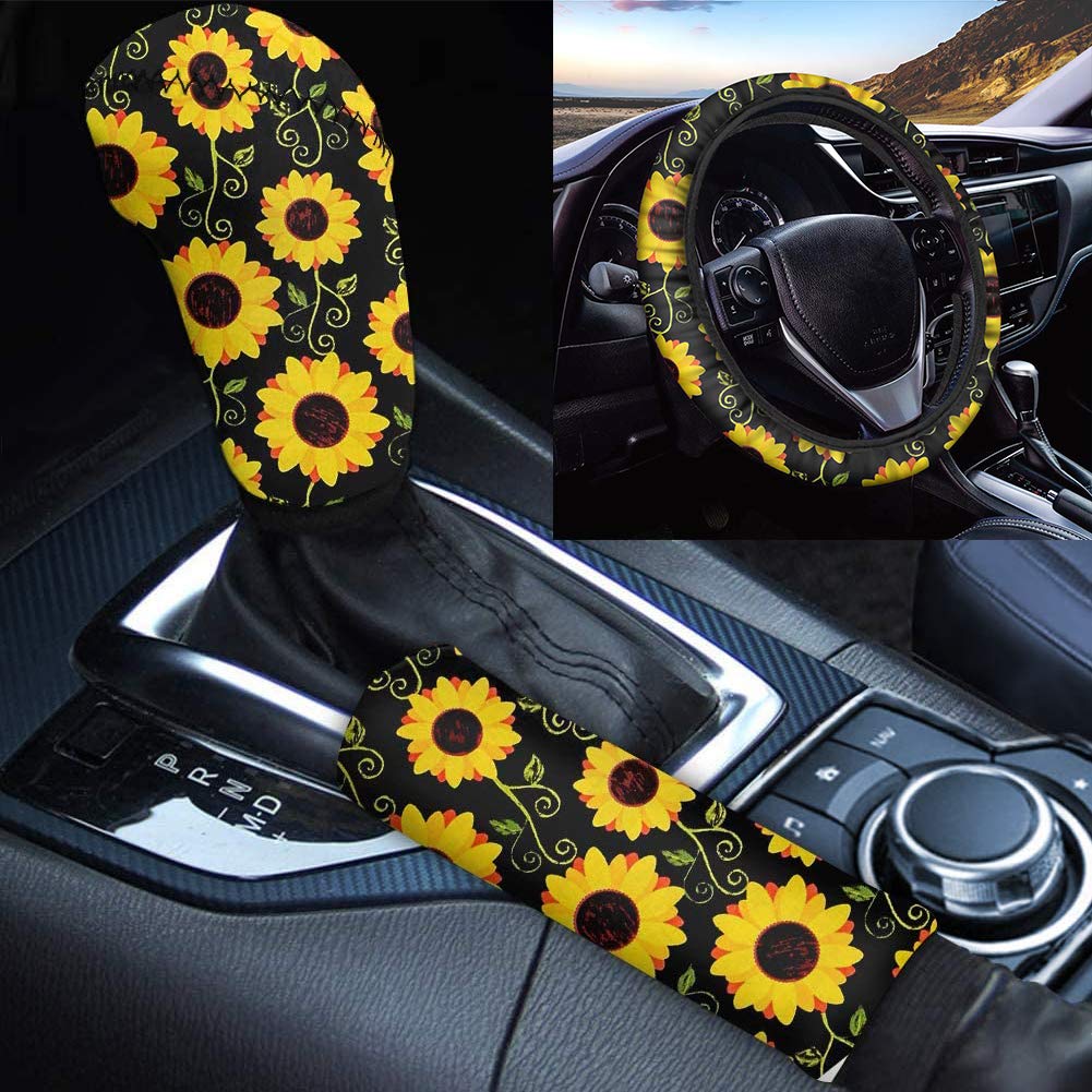 INSTANTARTS Sunflower Car Interior Set - 3-Piece Gear Shift Knob Cover, Handbrake Cover & Steering Wheel Cover | Universal Fit Durable Auto Accessories for Women's Cars | Perfect for Summer Road Trips & Boho Style Vehicles