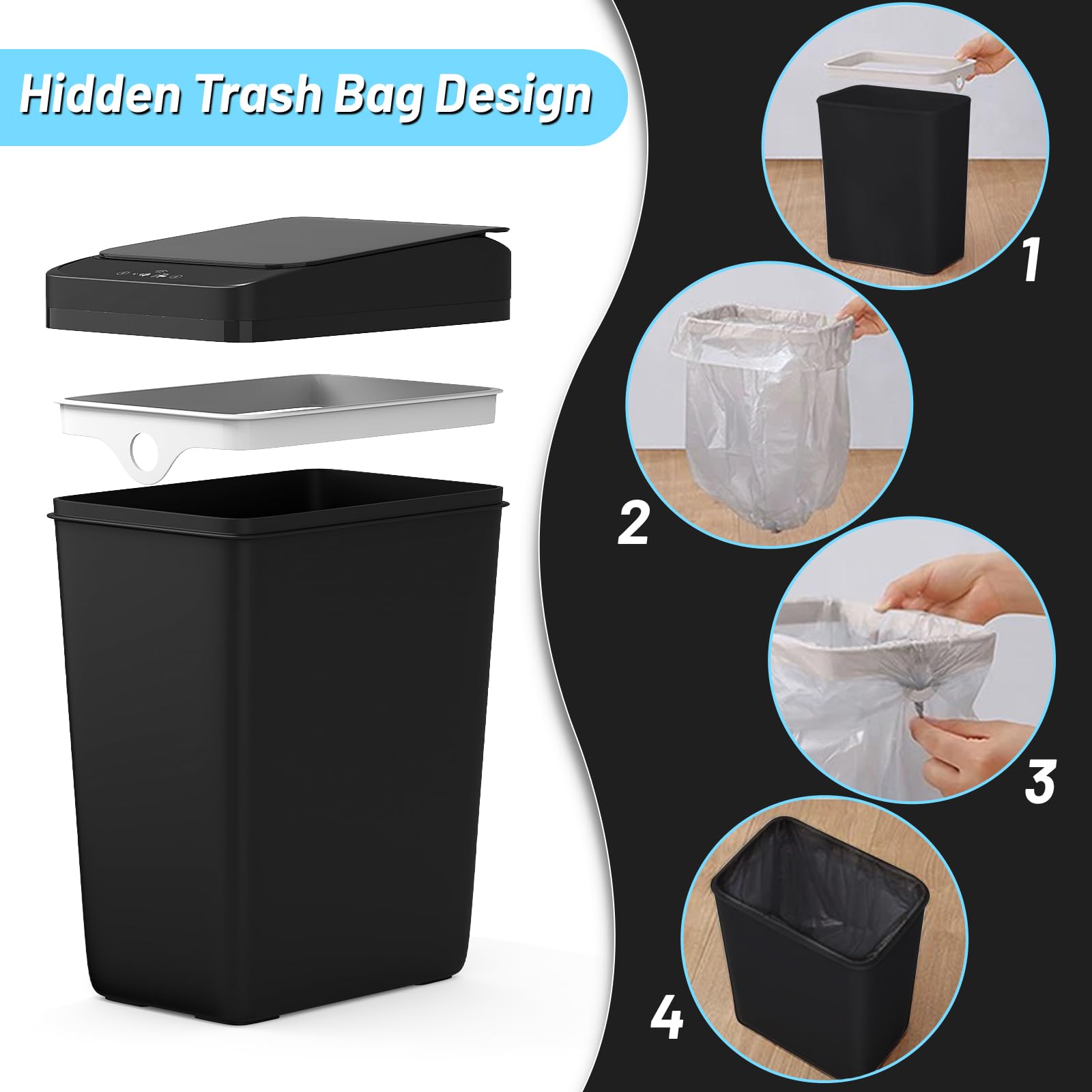 Procade 2-Pack Touchless Bathroom Trash Can with Lid - 4 Gallon & 2.5 Gallon Slim Automatic Motion Sensor Garbage Bin for Home, Office, RV (Black) | Hands-Free Waste Disposal Solution for Bathroom, Bedroom, Kitchen & Small Spaces