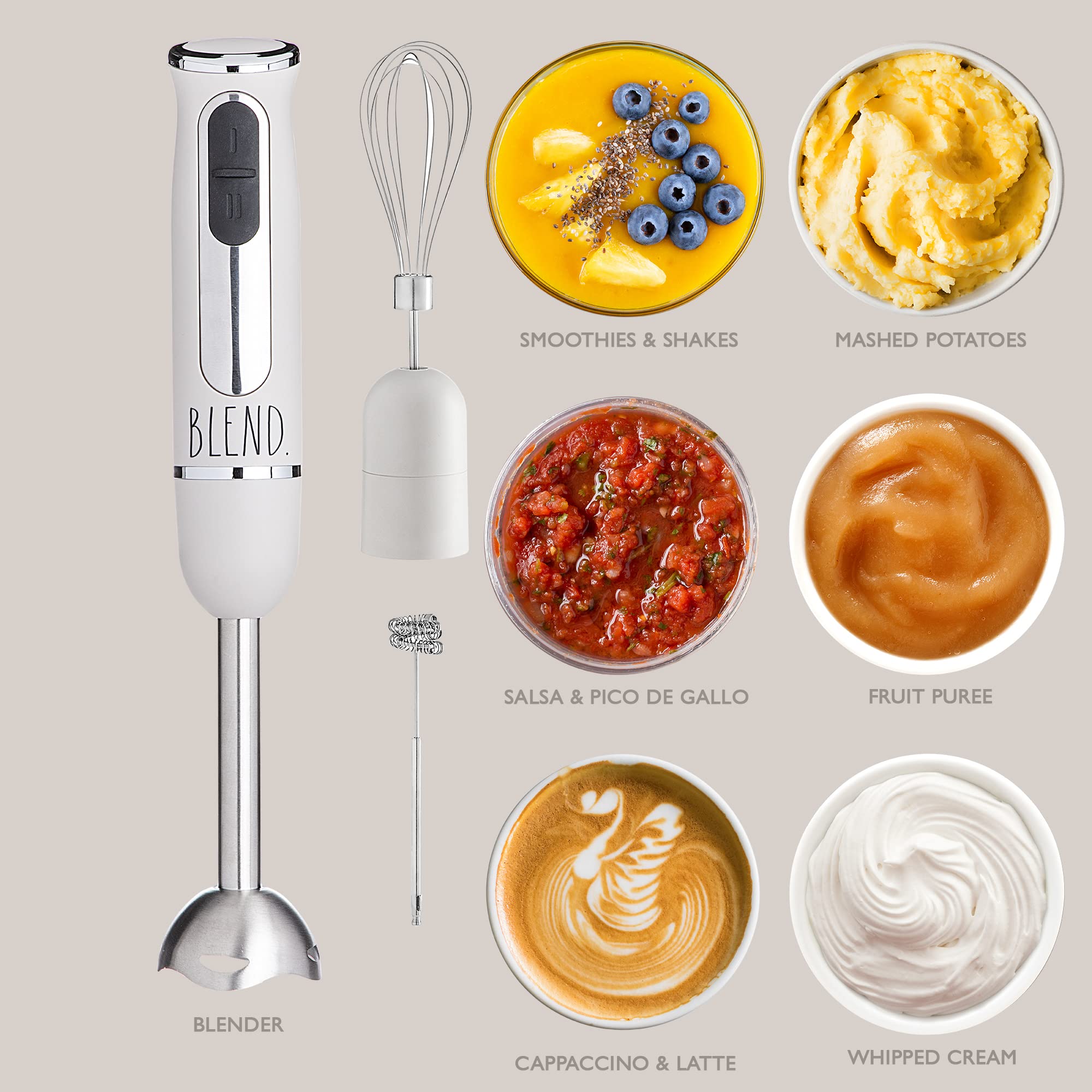 Rae Dunn Immersion Hand Blender - 500W 2-Speed Handheld Blender with Stainless Steel Blade, Includes Egg Whisk & Milk Frother Attachments (Sand Color) - Perfect for Smoothies, Soups, Sauces & Baking at Home