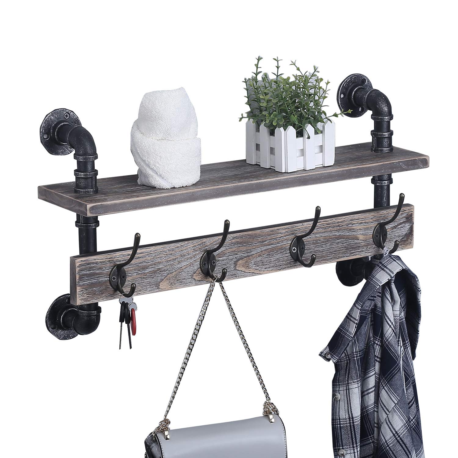 MBQQ Industrial Pipe Wall Coat Rack - 24 Inch Real Wood Shelf with 4 Metal Hooks - Rustic Entryway Organizer for Hallway, Bathroom, Living Room & Bedroom - Perfect for Hanging Coats, Hats, Towels & Decor