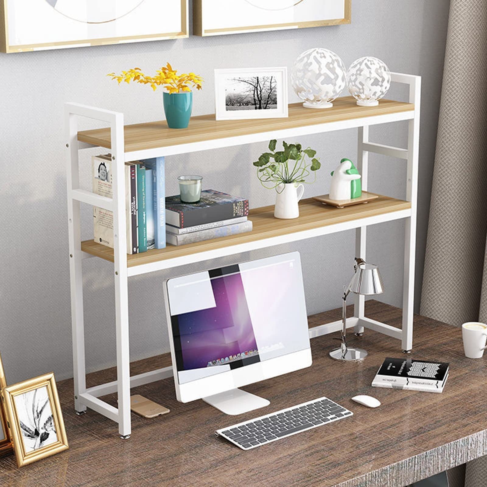 2 Tier Adjustable Desk Bookshelf - Office Desk Shelf Organizer & Printer Stand, Wood & Metal Storage for Home & Office (55 x 24 x 90cm) - Perfect for Workspace Organization, Cubicle Decor & Aesthetic Bookshelf Display