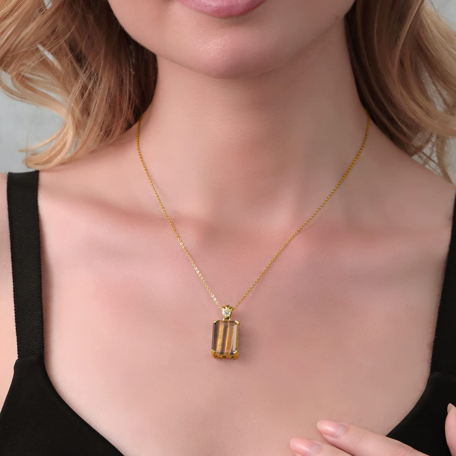 18K Yellow Gold Plated Silver Gemstone Birthstone & Diamond Pendant Necklace | 18X13MM Emerald Cut Center Stone with 1.8MM Round Accents | Elegant Jewelry Gift for Women, Wife, Mom | 18 Inch Chain | Perfect for Birthdays, Anniversaries & Special Occasions