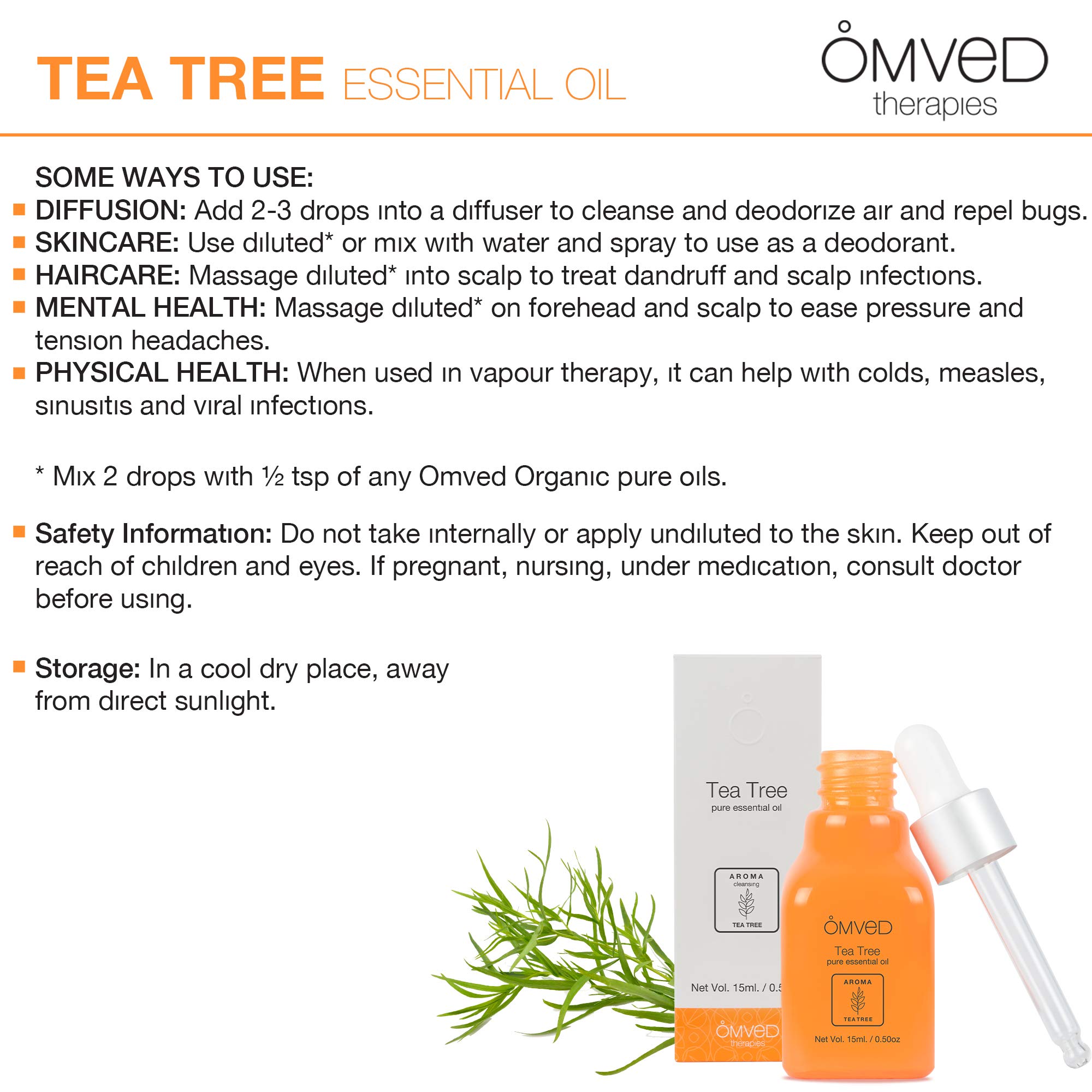 Omved 100% Pure Tea Tree Essential Oil for Skin, Hair & Acne Care - 15ml Natural Face Treatment for Clear Skin & Healthy Hair - Perfect for Aromatherapy, DIY Beauty & Home Remedies