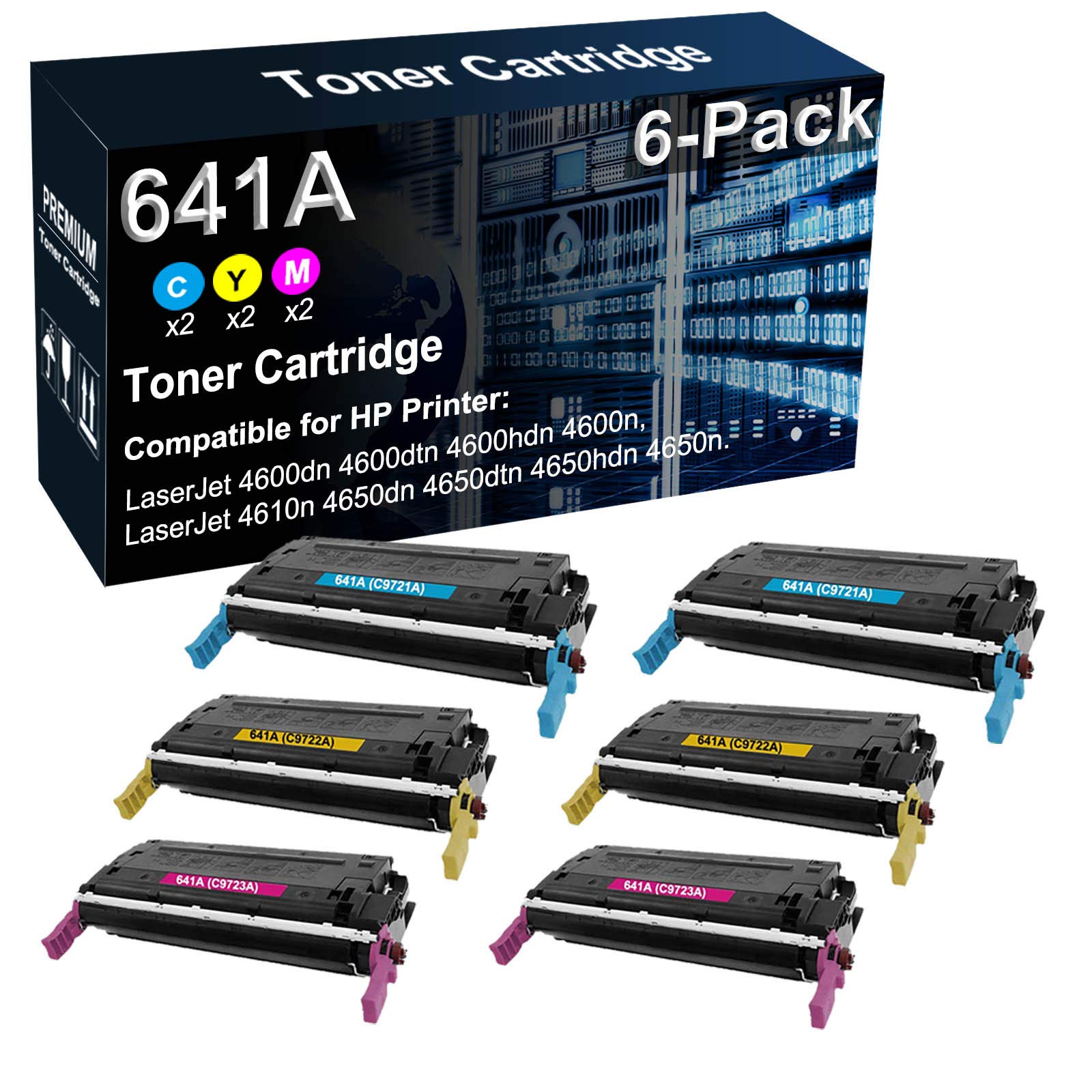 6-Pack (2C+2Y+2M) High Yield Compatible 641A (C9721A/C9722A/C9723A) Toner Cartridge for HP 4600dn/4600dtn/4610n/4650dn/4650dtn Laser Printers - Office & Business Printing Solution