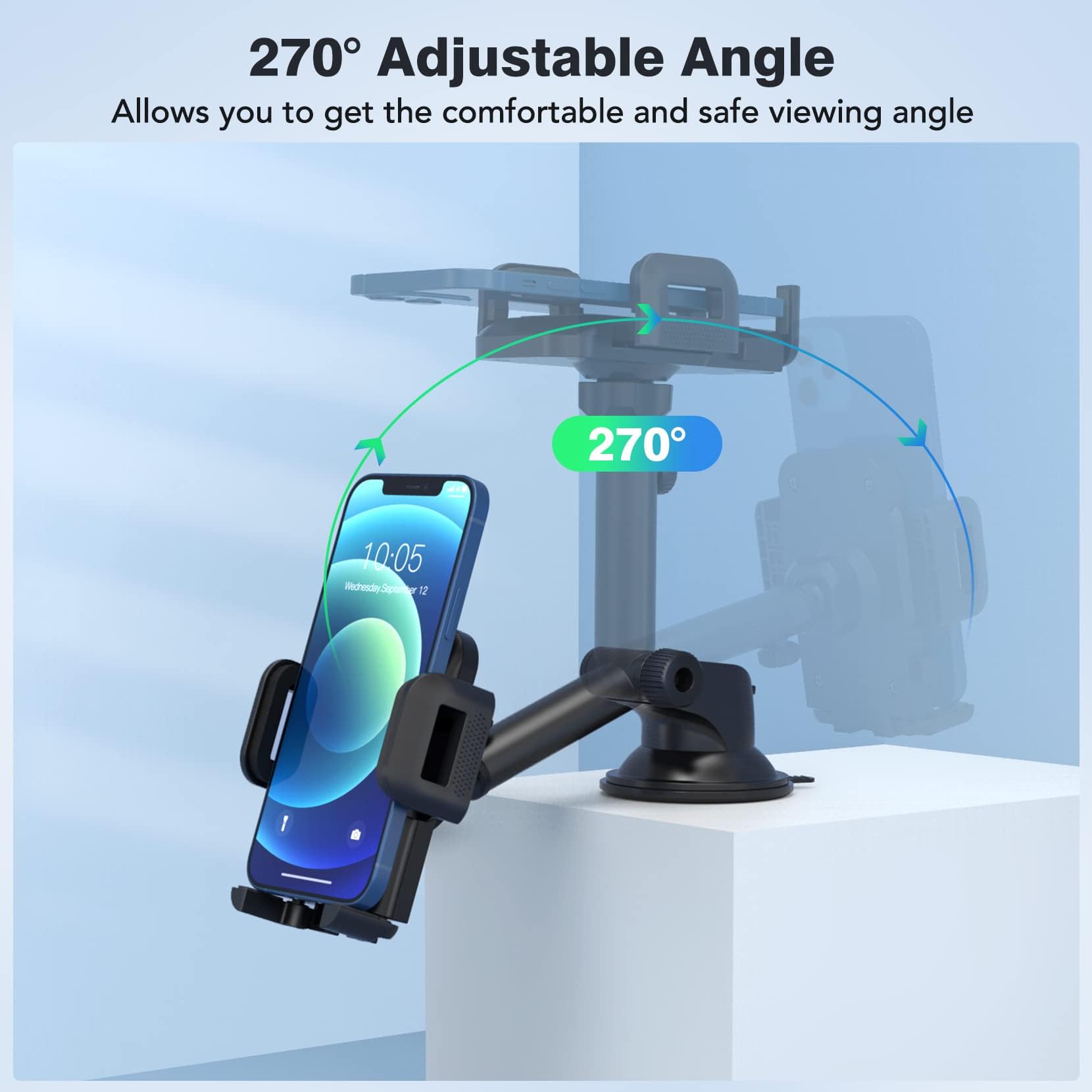 Car Phone Holder - Super Sticky Suction Cup Dashboard & Windshield Mount, 360° Rotatable Retractable Stand for Phones up to 7 Inches | Perfect for GPS Navigation, Hands-Free Calling & Road Trips