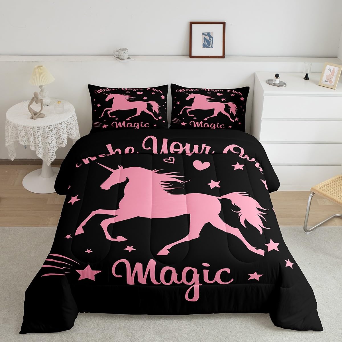 **Cartoon Unicorn Comforter Set for Kids - Full Size Pink & Black Kawaii Animal Bedding with 2 Pillowcases - Soft & Cozy for Boys & Girls - Perfect for Bedroom Decor, Sleepovers & Gift Giving**