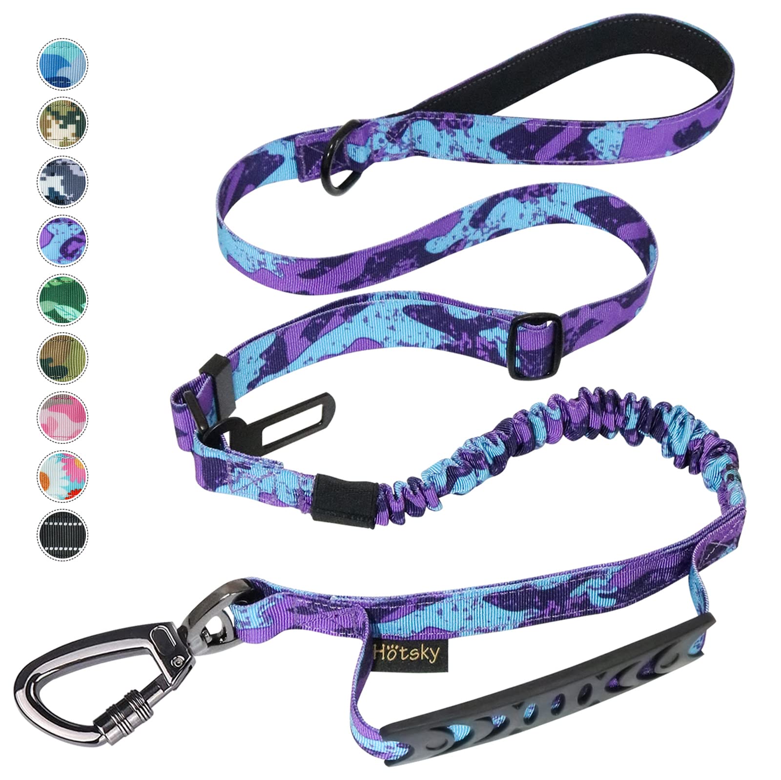 **Hotsky Heavy Duty Tactical Dog Leash for Medium & Large Dogs - 4-6Ft Bungee Shock Absorbing No-Pull Leash with Padded Double Handle & Car Seatbelt - Purple Camo - Perfect for Walking, Running & Travel**