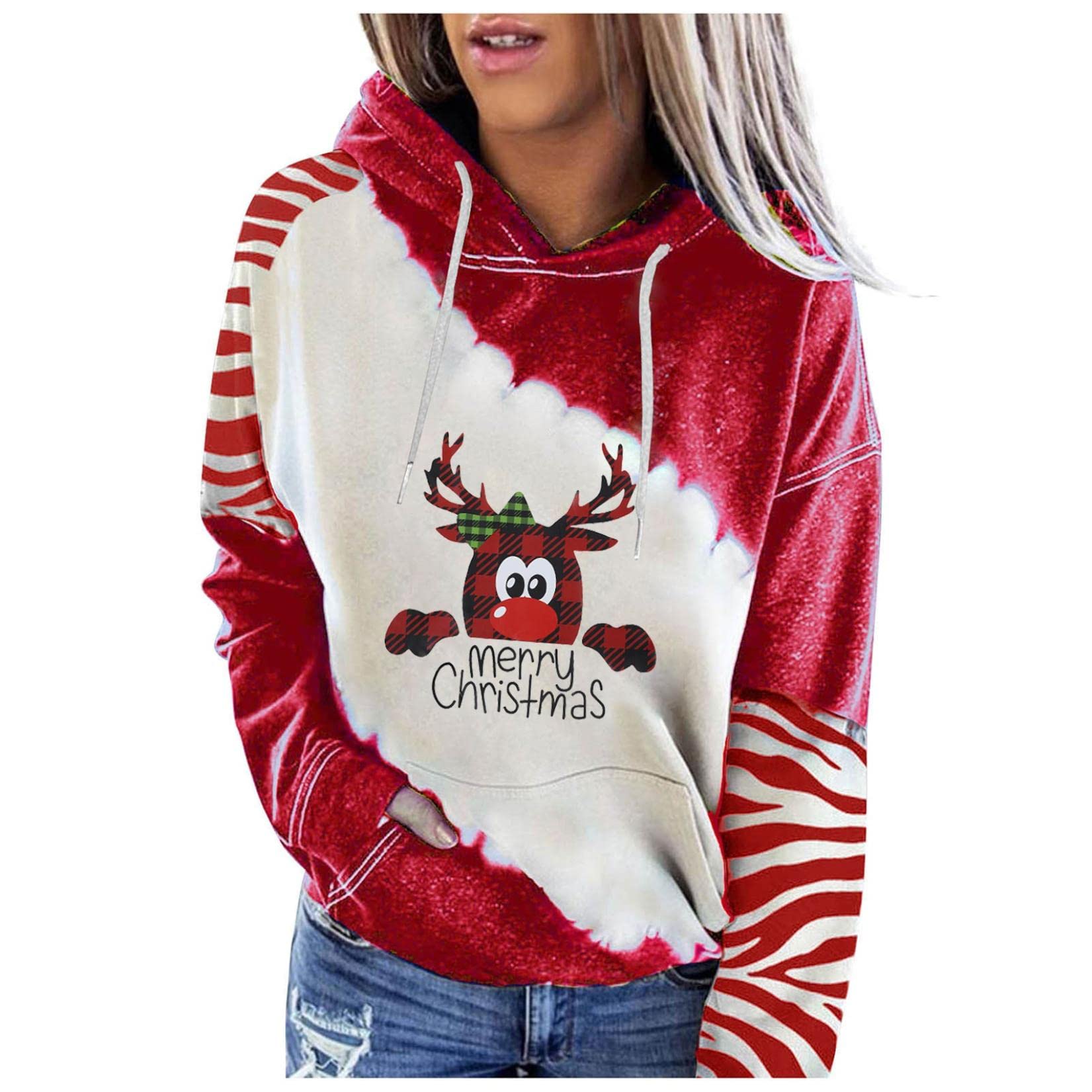 FMCHICO Women's Color Block Christmas Print Hoodie - Long Sleeve Pullover Sweatshirt with Pocket | Casual Winter Wear for Holiday Parties & Cozy Home Lounging