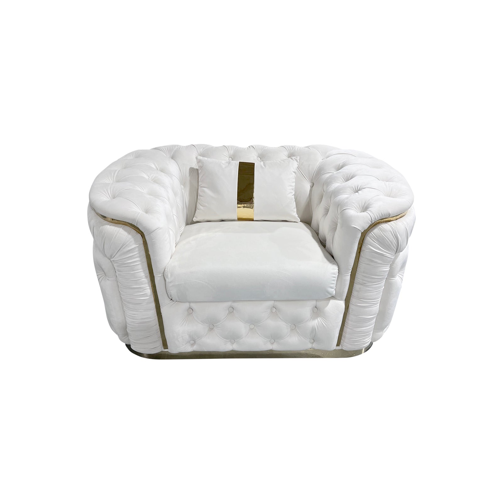 1 Seater Sofa - Beige Velvet Fabric with Solid Wood Frame & Gold Stainless Steel Trim - Perfect for Living Room, Bedroom or Office