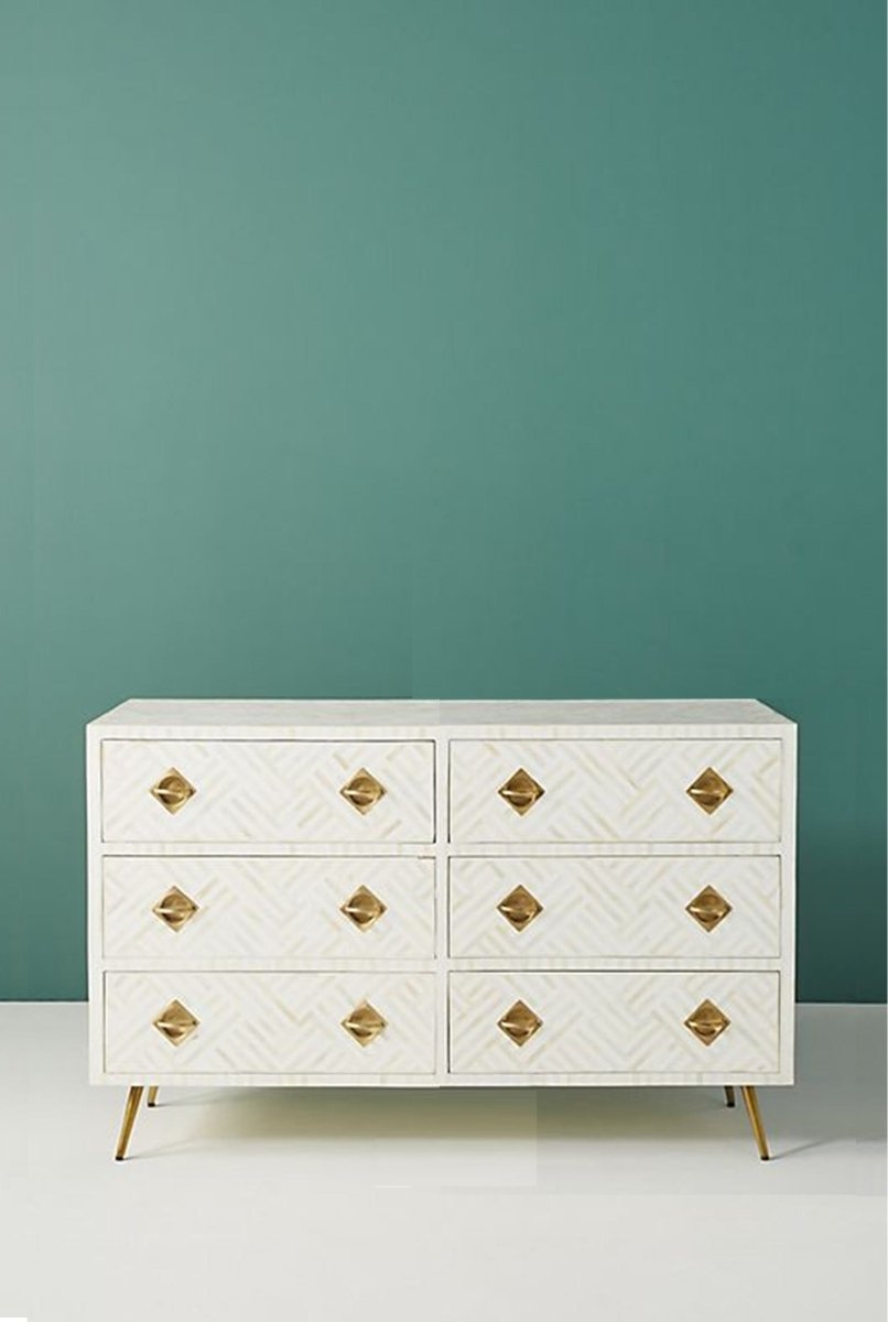 Handmade White Bone Inlay Dresser with 6 Drawers - Vintage Bohemian Style Bedroom Storage Furniture for Home Organization & Decor