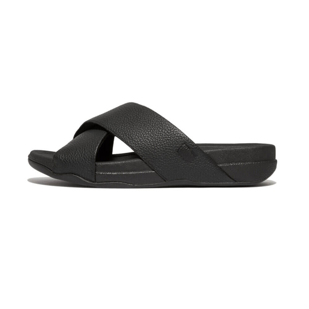 FitFlop Men's Surfer Leather Cross Slide Sandals - Black | Comfortable & Durable Leather Sandals for Men | Perfect for Beach, Pool & Casual Wear