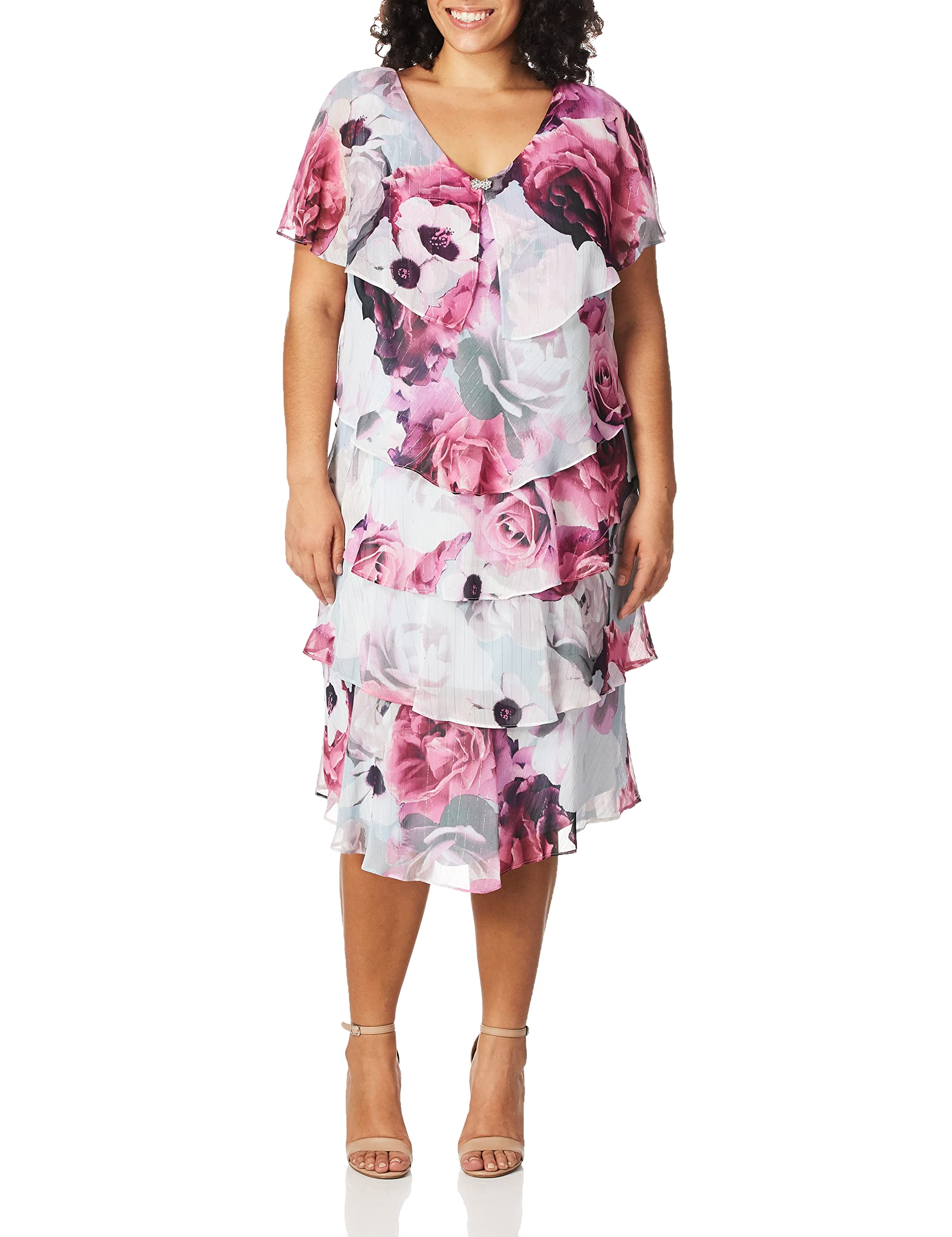 S.L. Fashions Plus Size Women's Floral Print Short Sleeve Pebble Tier Dress - Perfect for Summer Outings, Beach Vacations & Casual Occasions