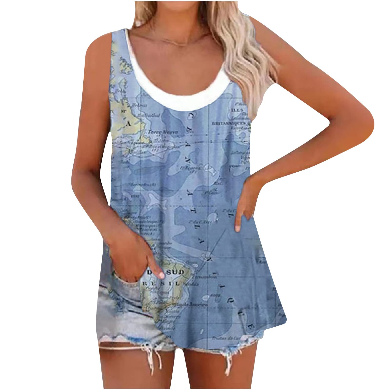 Women's Uppada Summer Tank Tops - Cute Map Print Sleeveless T-Shirts, Casual Loose Fit Scoop Neck Blouse for Comfort & Style | Perfect for Beach, Travel & Everyday Wear