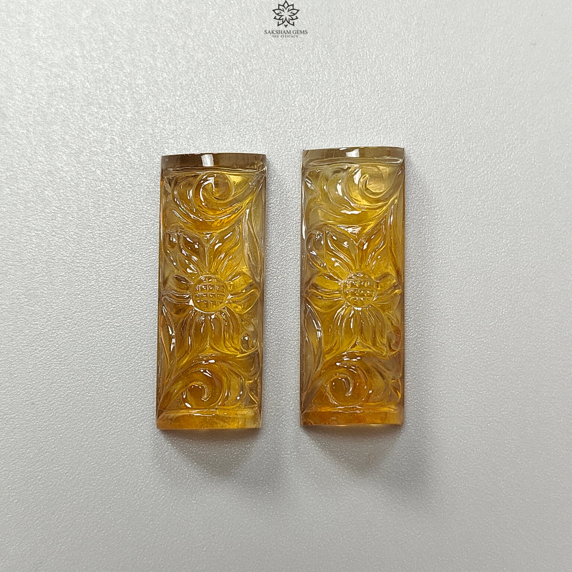 Natural Untreated Yellow Citrine Gemstone Carving - 49.30cts Hand Carved Baguette Shape (32x12mm) Pair | November Birthstone for Jewelry Making, Necklace Pendants & Ring Settings