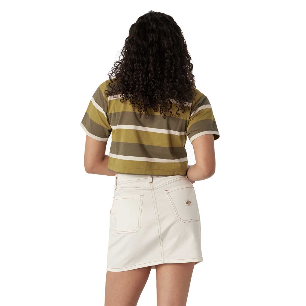 Dickies Women's Short Sleeve Crop Top with Pattern Pocket - Moss Green & Military Stripe Casual Tee for Work, Streetwear & Summer Outfits