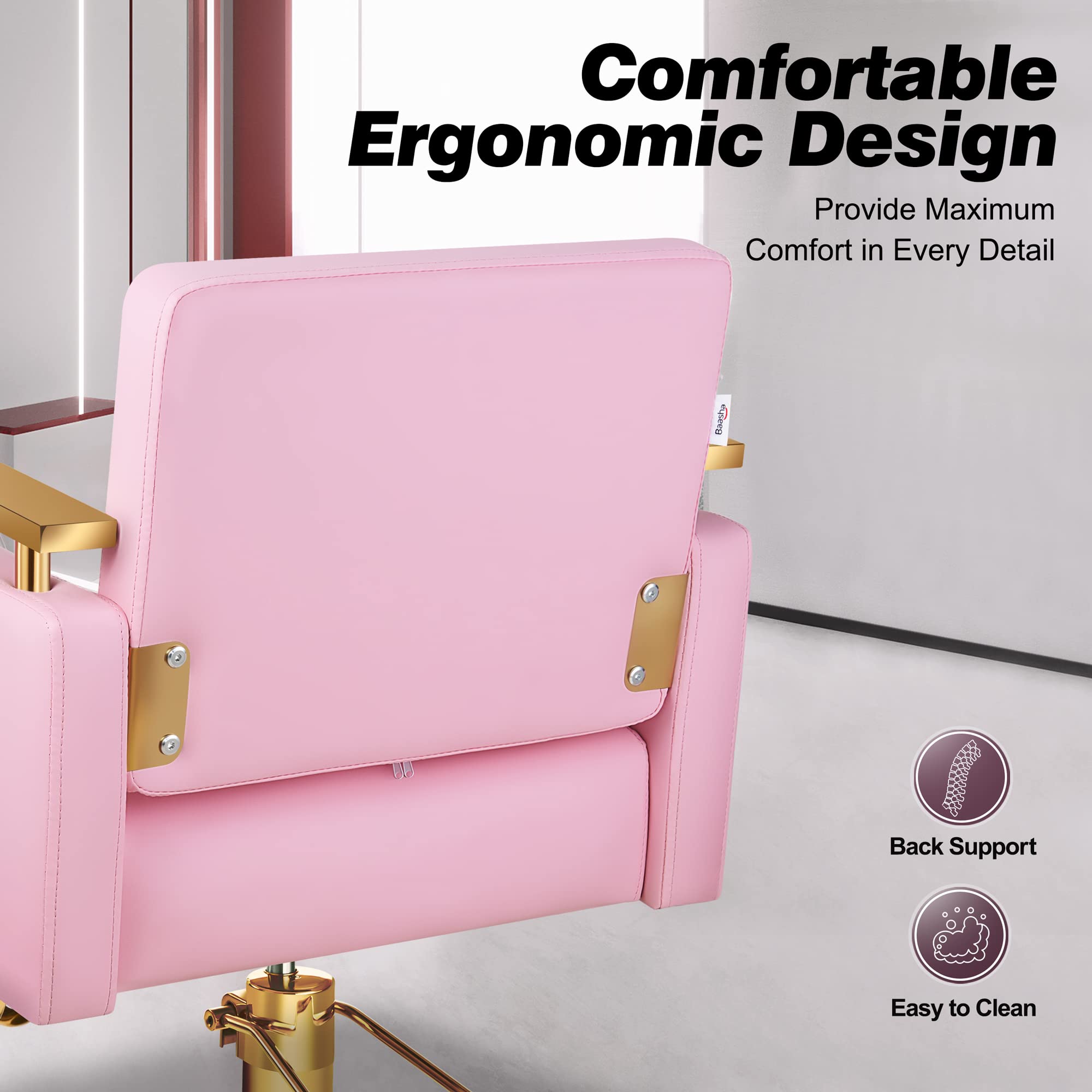 Premium Baasha Salon Chair - Hydraulic Barber Chair with Stainless Steel Armrests, Professional Hair Styling Chair for Salons & Spas, Adjustable Beauty Equipment in Gold & Pink - Perfect for Haircuts, Styling & Spa Treatments