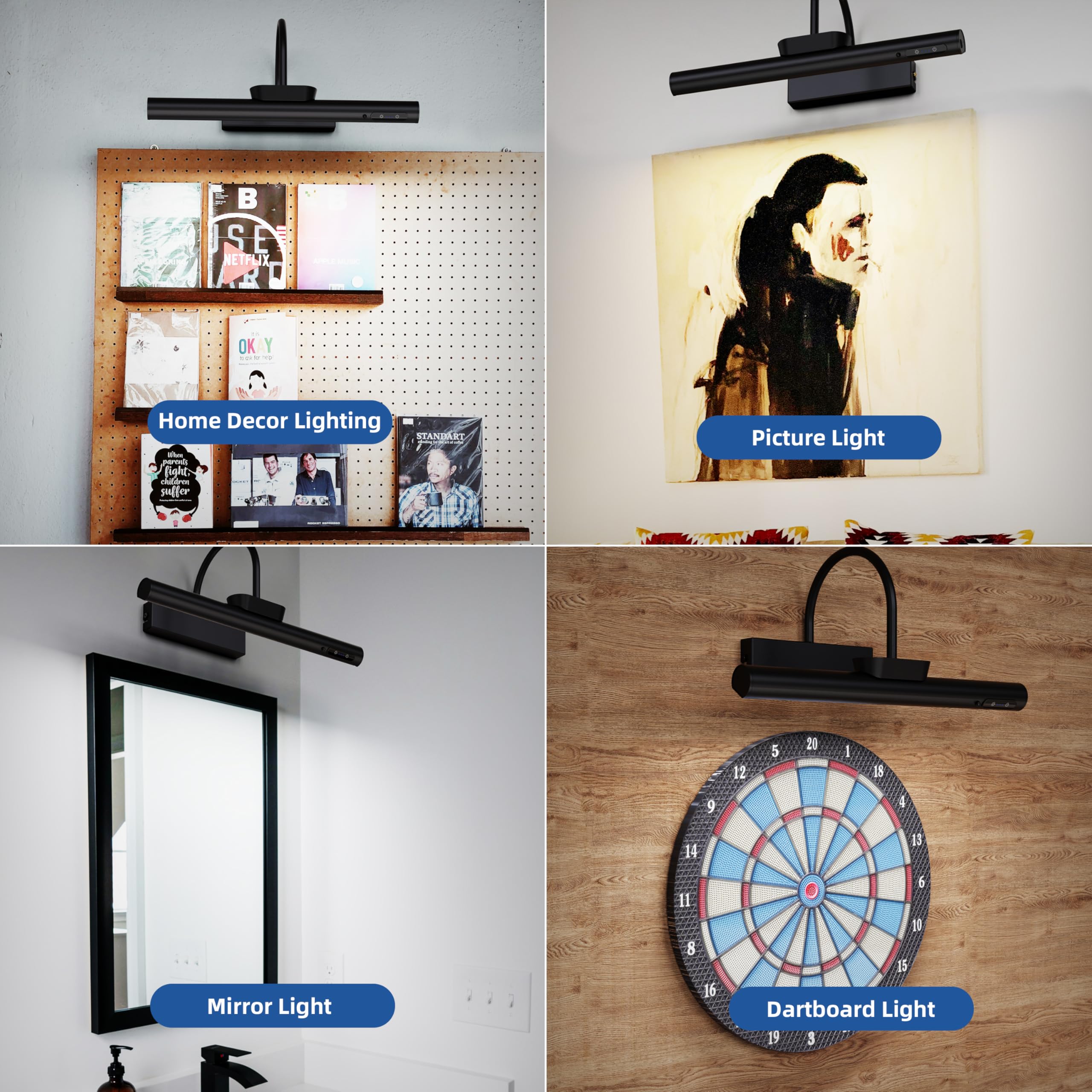 Wireless LED Picture Light with Remote Control - Battery Operated, Dimmable Art Frame Lighting with Timer - Perfect for Home Gallery, Museum Display & Artwork Illumination (Black, 13.8 Inch)