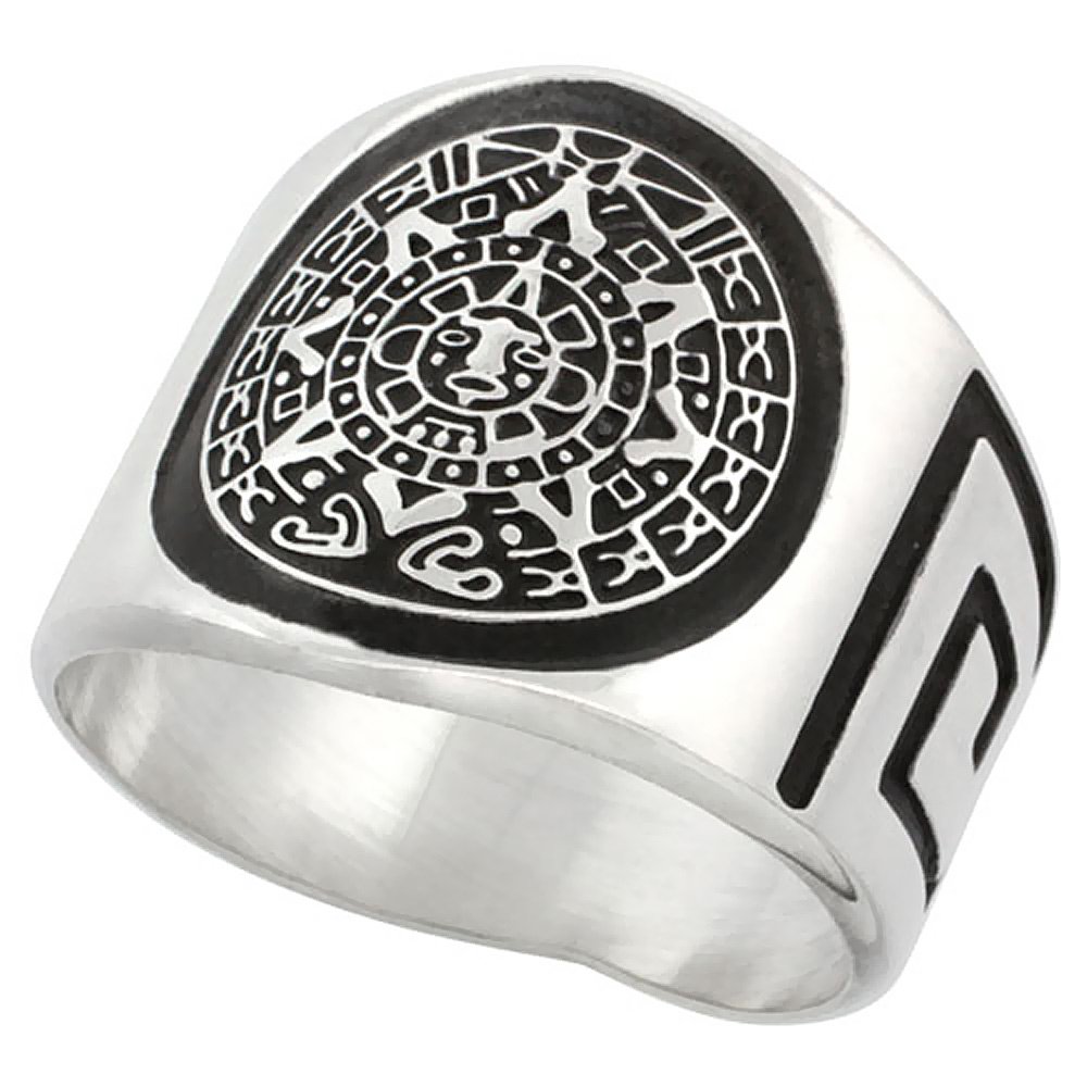 Sterling Silver Men's Aztec Calendar Ring with Greek Key Pattern - 18mm Wide, Sizes 8-13 - Perfect for Gifts, Fashion Accessories & Cultural Jewelry Enthusiasts