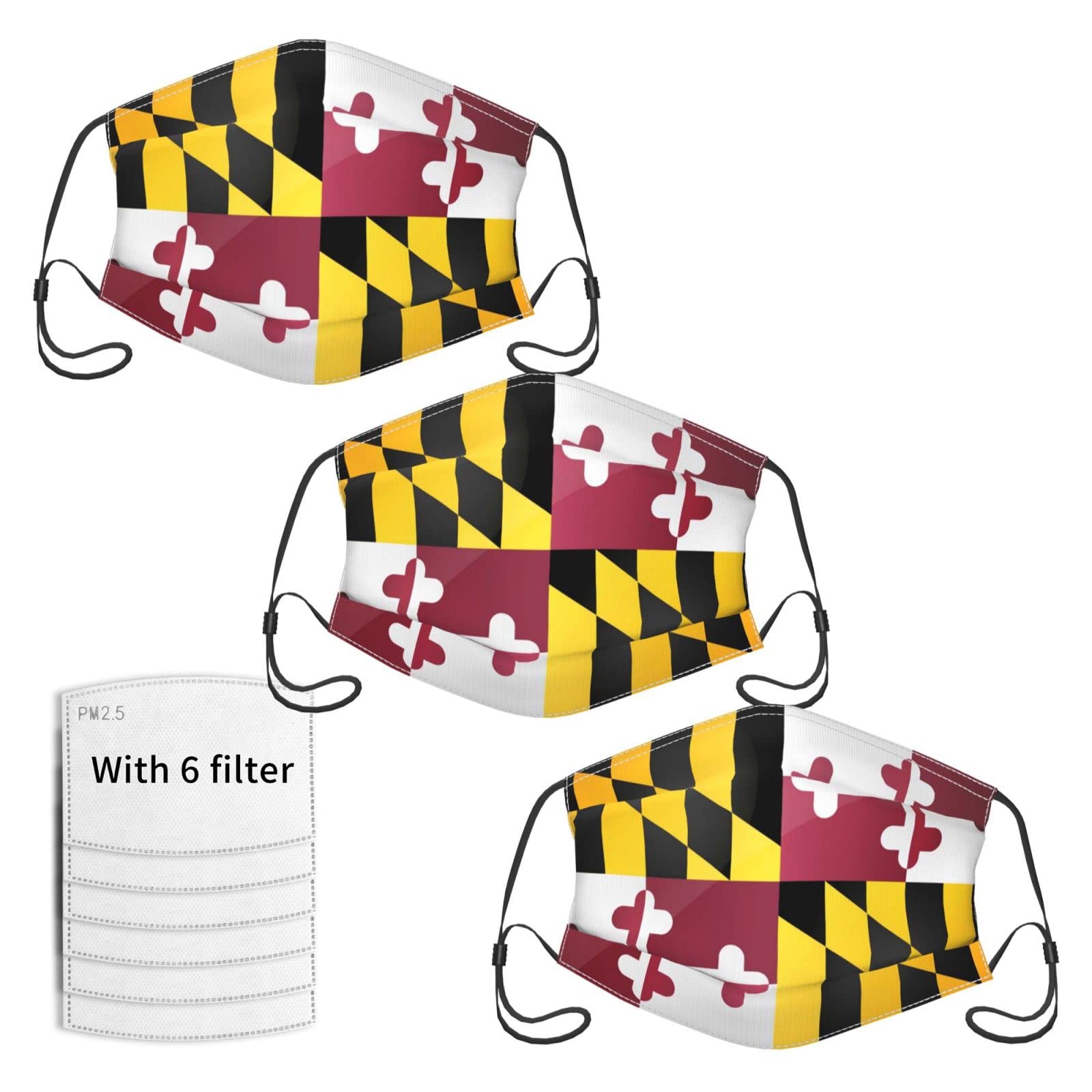 Maryland Flag Reusable Cloth Face Masks - Washable & Breathable with Filter Pocket - Adjustable Ear Loops for Men & Women (3-Pack) - Perfect for Daily Use, Outdoor Activities, and Showing State Pride