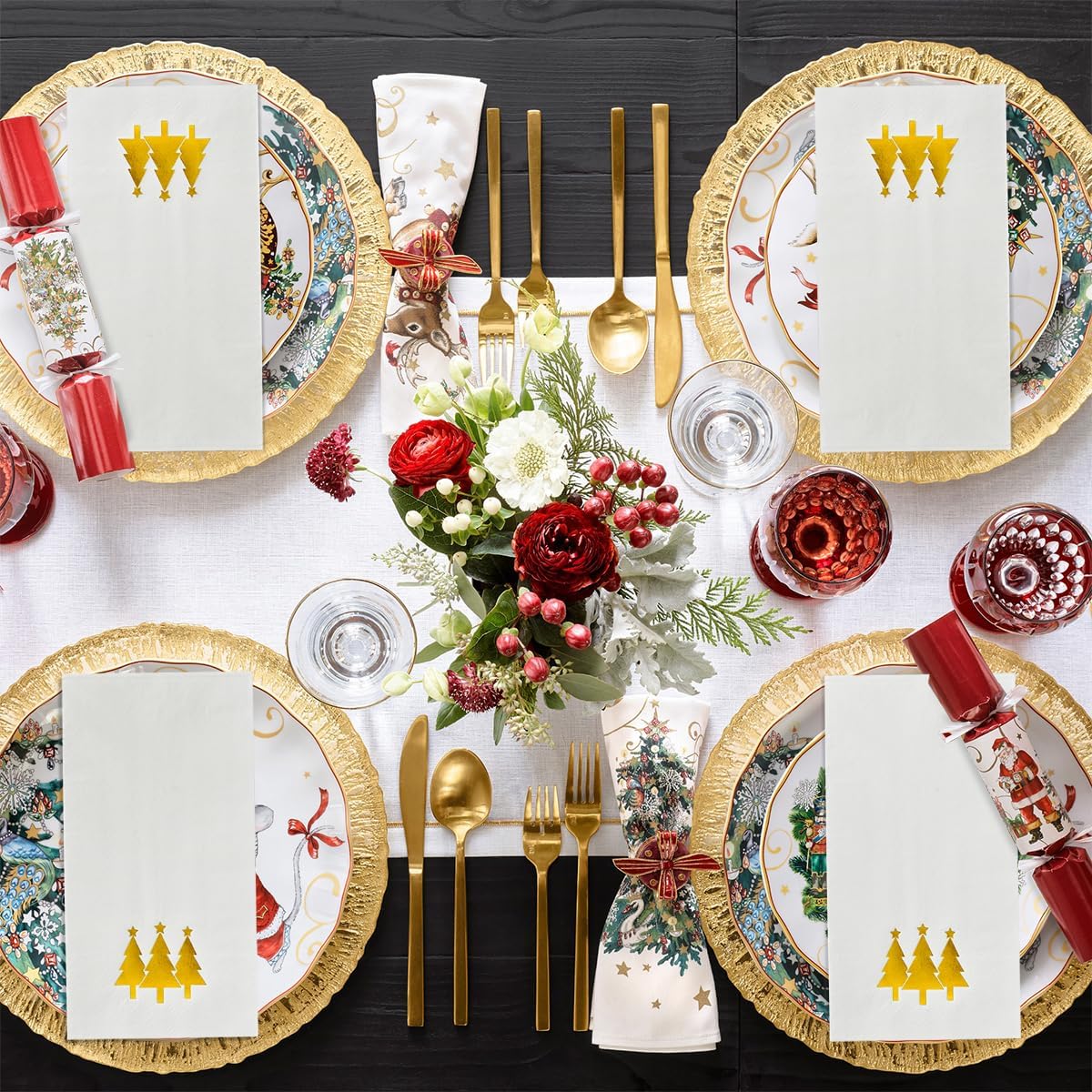 Horaldaily 100-Pack Christmas Disposable Paper Napkins - Gold Foil Christmas Tree Design for Holiday Parties, Dinner, Lunch & Kitchen Use - Elegant Guest Hand Towels for Festive Decorations & Bathroom Essentials