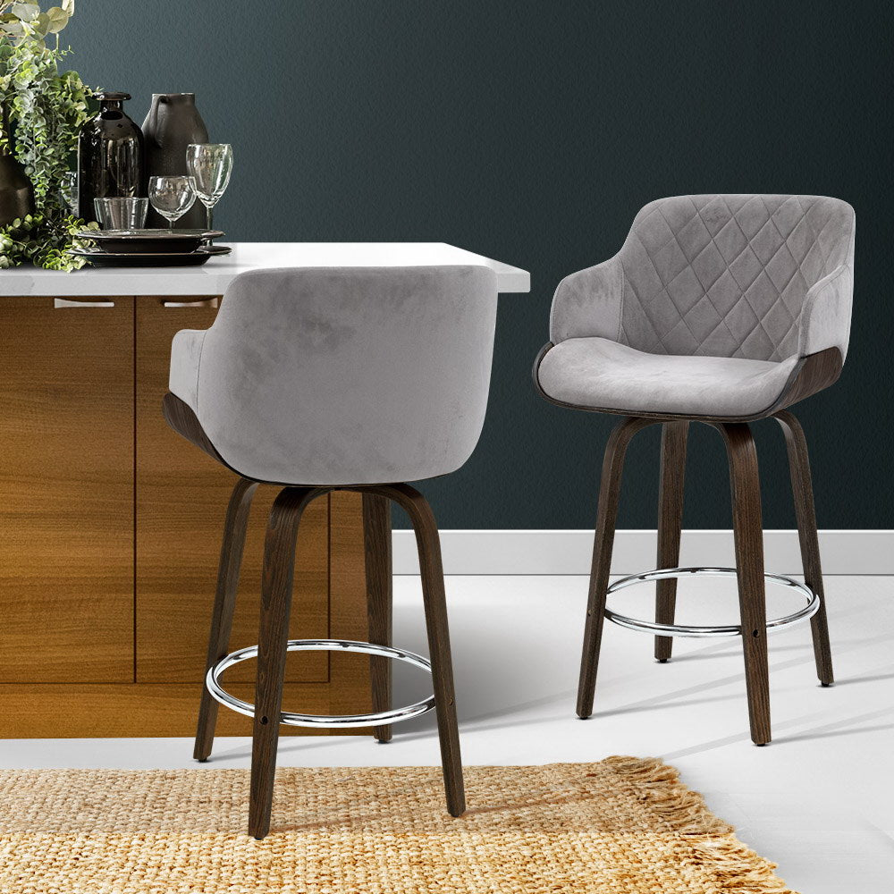 Swivel Bar Stools Set of 2 - Velvet Padded Seat & Wooden Frame - Perfect for Kitchen Island, Home Bar or Breakfast Nook