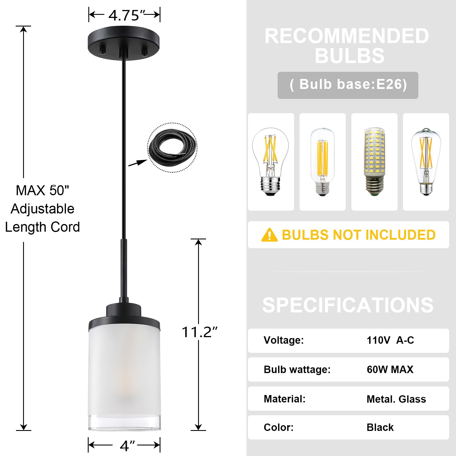 2 Pack Modern Farmhouse Hanging Pendant Lights - 3.9 Inch Clear Frosted Glass Shade with Black Finish for Kitchen Island, Dining Room, Bedroom | Rustic Industrial Lighting Fixtures for Home Decor & Interior Design