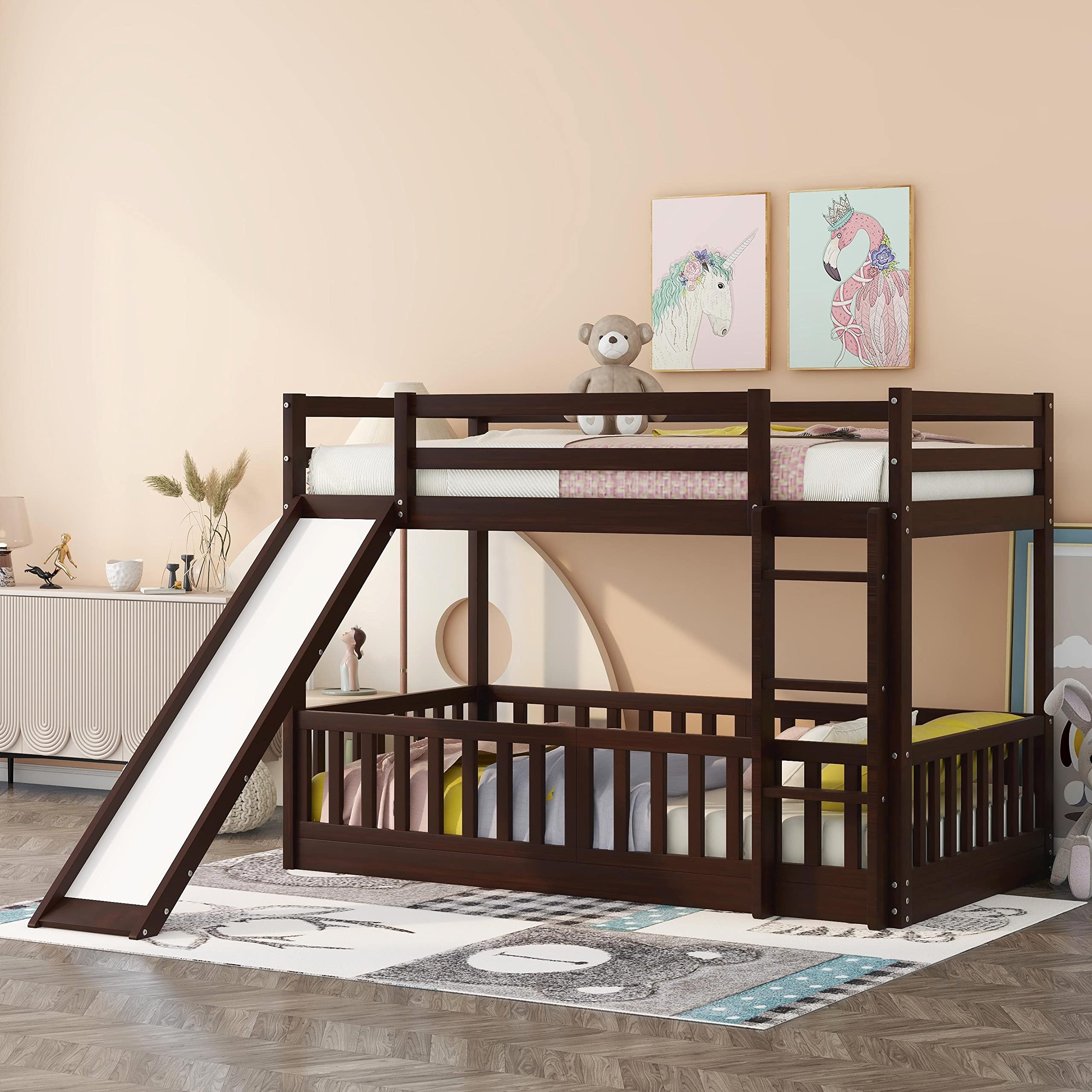 Twin Over Twin Bunk Beds with Slide & Safety Rails - Solid Wood Kids Bunk Bed with Ladder & Guardrail for Toddlers, Children & Teens - No Box Spring Needed (Espresso Finish) - Perfect for Kids' Bedrooms, Shared Rooms & Sleepovers