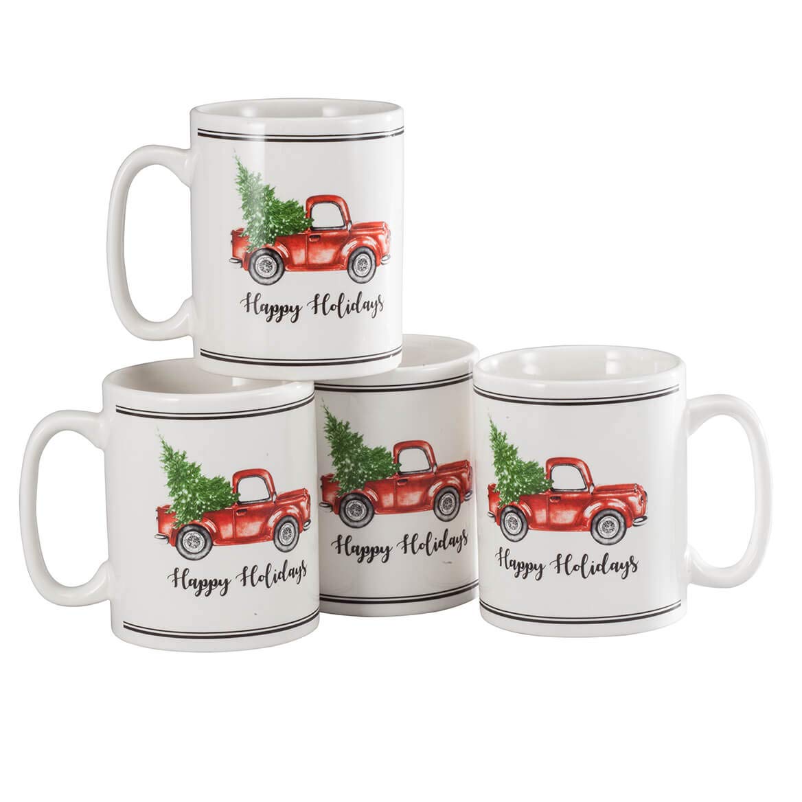 Fox Valley Traders William Roberts Holiday Truck Coffee Mugs Set of 4 - Christmas Themed Ceramic Cups for Hot Cocoa, Tea & Coffee - Perfect for Holiday Gifts, Winter Decor & Cozy Home Use
