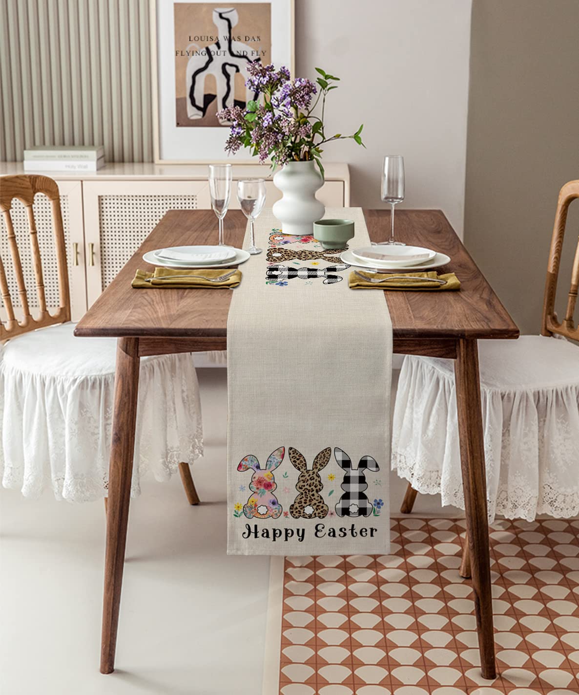 Easter Bunny Table Runner - 18x72 Inch Cute Rabbit Leopard Stripe Spring Floral Decorative Tablecloth for Easter Day Dinner, Kitchen, Dining Room & Party Decor - Perfect for Spring Celebrations, Holiday Gatherings and Festive Home Decorations