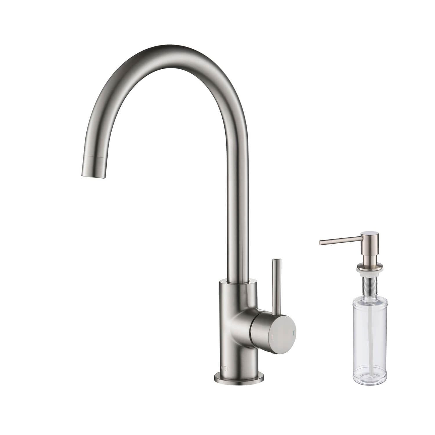 KIBI Lowa Single Handle Bar Sink Faucet with 360° Swivel Spout - High Arc Kitchen Faucet with Soap Dispenser, Brushed Nickel Finish (KKF2001) | Perfect for Small Kitchen Sinks, Bar Areas, and RV Use