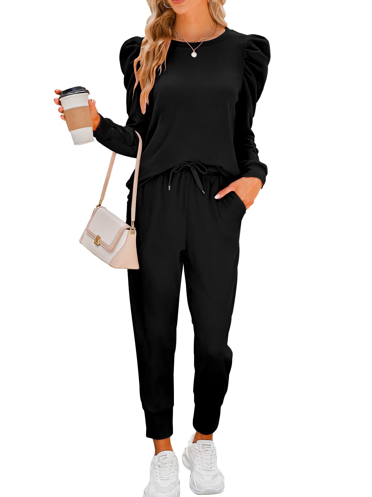 Onedreamer Women's 2-Piece Sweatsuit Set - Puff Long Sleeve Crewneck Pullover & Jogger Lounge Outfit | Cozy Casual Wear for Home, Gym, and Travel