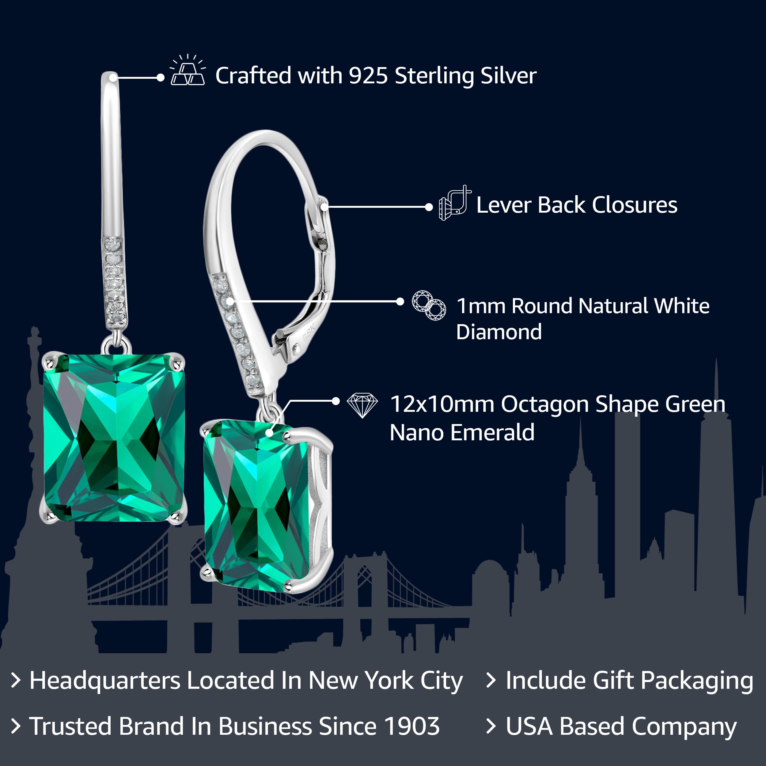 Gem Stone King 925 Sterling Silver Emerald Cut Birthstone Drop Earrings with White Diamonds | 12X10MM Leverback Dangle Earrings for Women | Perfect for Birthdays, Anniversaries & Special Occasions