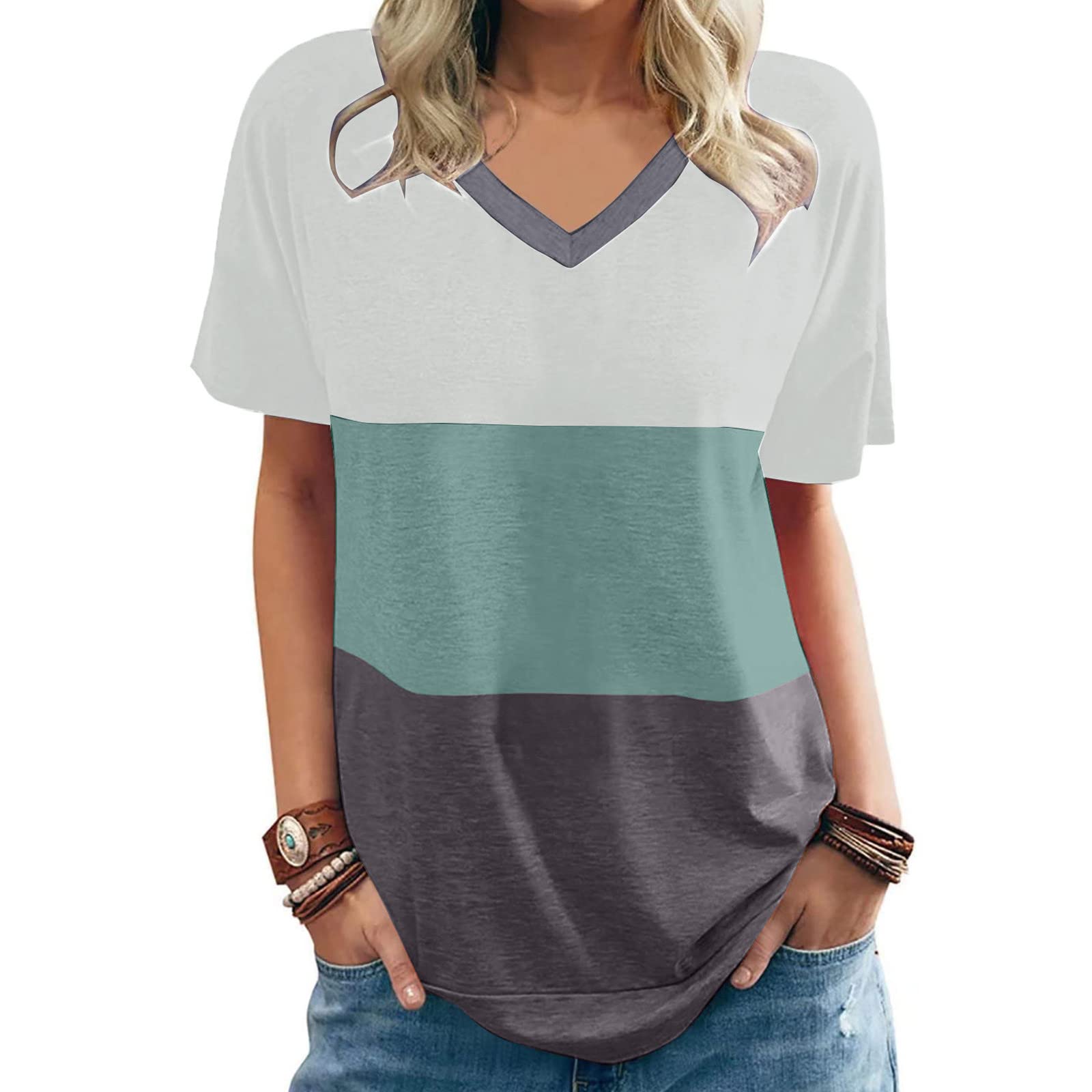 Women's Summer V-Neck Patchwork Print Short Sleeve T-Shirt - Loose Fit Fashion Top for Casual Outings, Beach Wear & Everyday Comfort