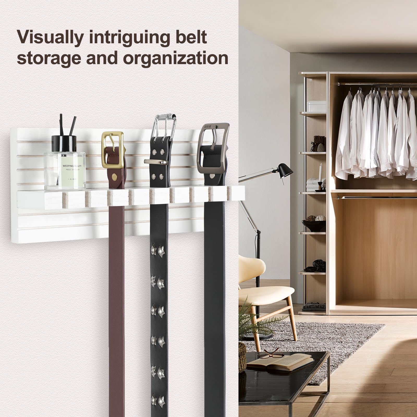 Space-Saving Belt Organizer for Closet - Wall Mount Belt Hanger Holds 9 Belts Securely Without Slipping - Includes Mounting Hardware (11.8”x5.5”x2.5”, White) - Perfect for Bedroom, Closet & Entryway Organization