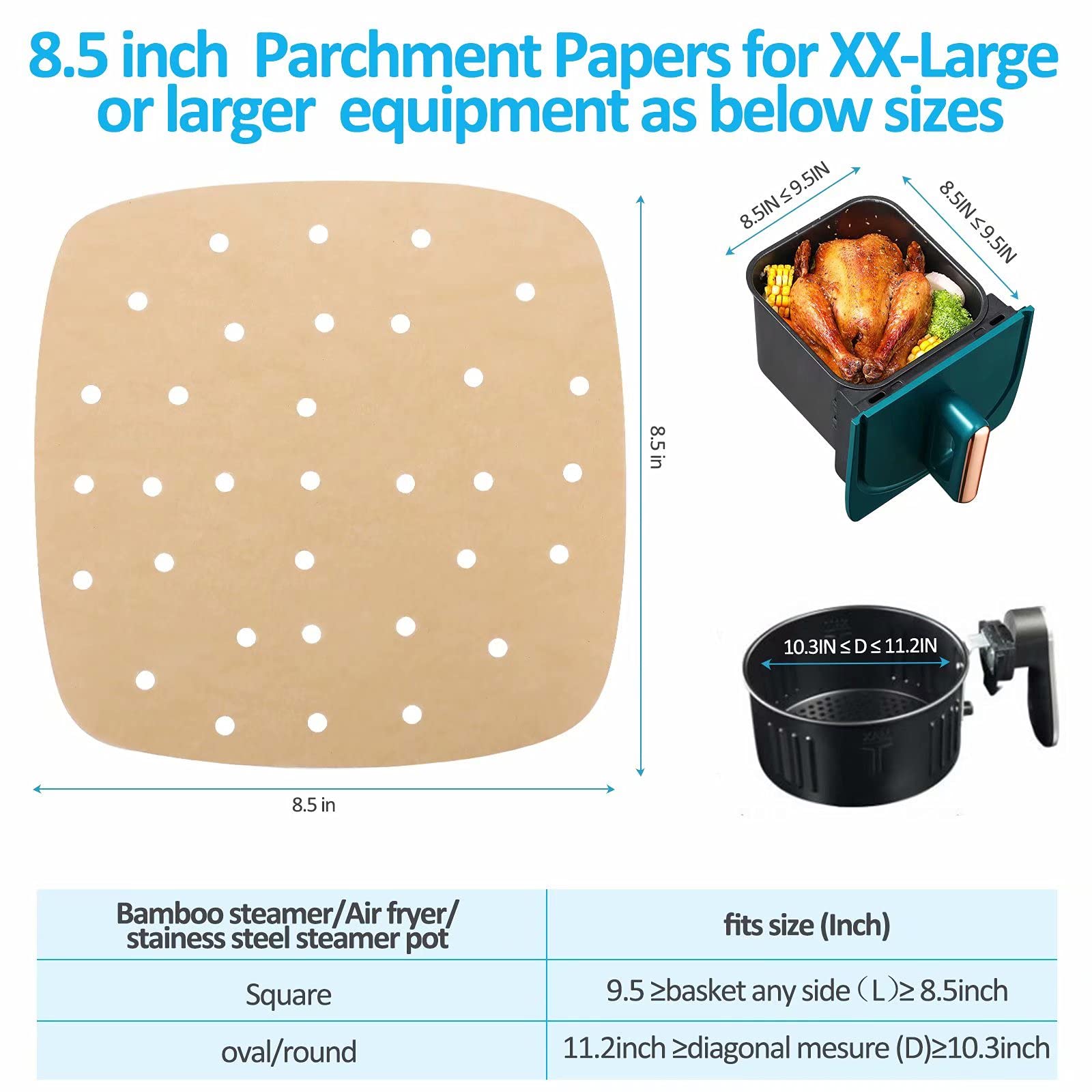 200PCS 8.5 Inch Square Perforated Air Fryer Parchment Paper Liners - Premium Bamboo Steamer Liner for Air Fryer, Oven, Baking & Cooking - Perfect for Healthy Meals, Snacks & Party Food Prep