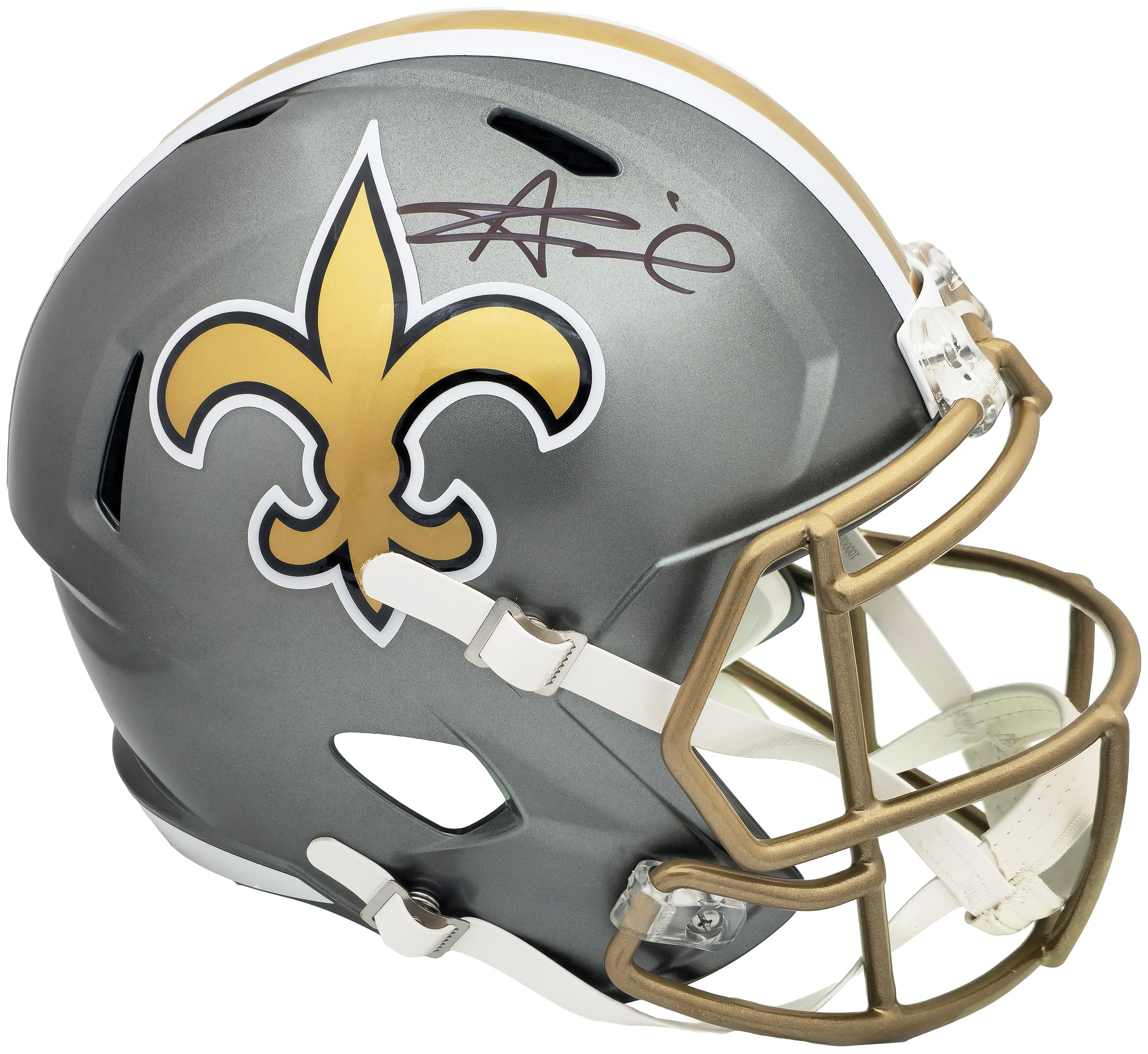 Alvin Kamara Autographed New Orleans Saints Flash Gray Full Size Speed Replica Helmet - Beckett BAS Witness Certified - Perfect for NFL Collectors, Saints Fans & Sports Memorabilia Displays