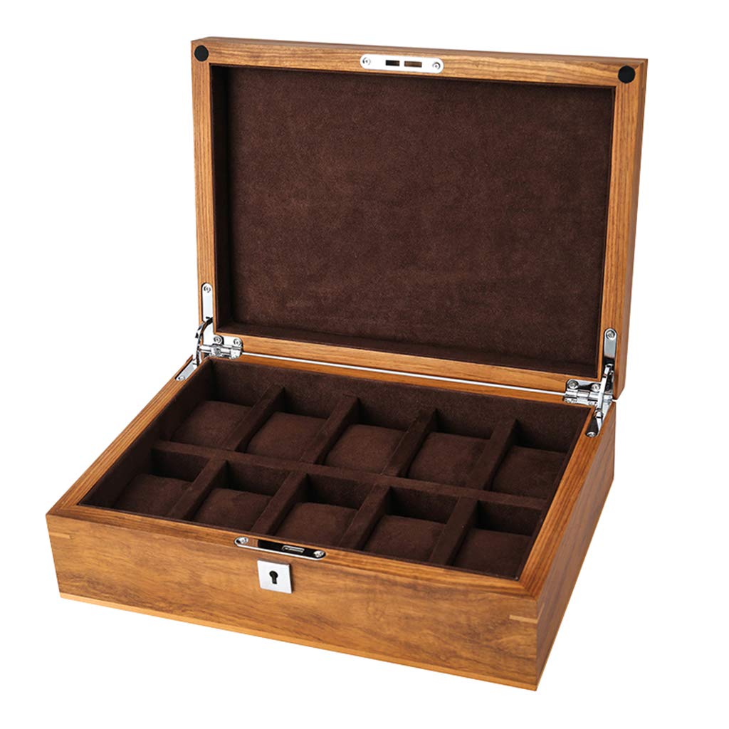 10-Slot Wooden Watch Box with Lockable Metal Lock & Glass Top Display - Jewelry & Watch Storage Organizer for Men & Women - Perfect for Travel, Home, and Office Use